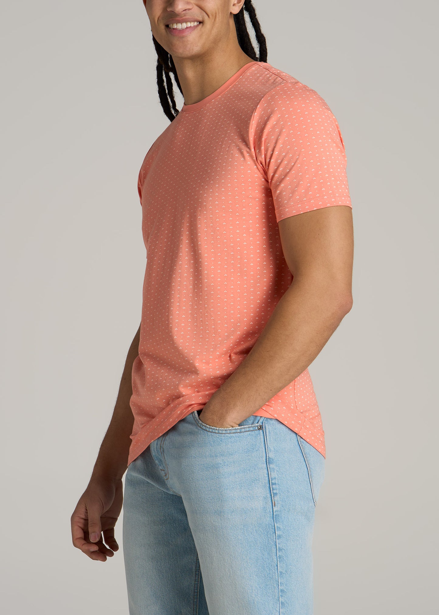 Stretch Pima Cotton Printed Tee for Tall Men in Apricot Mini Floral