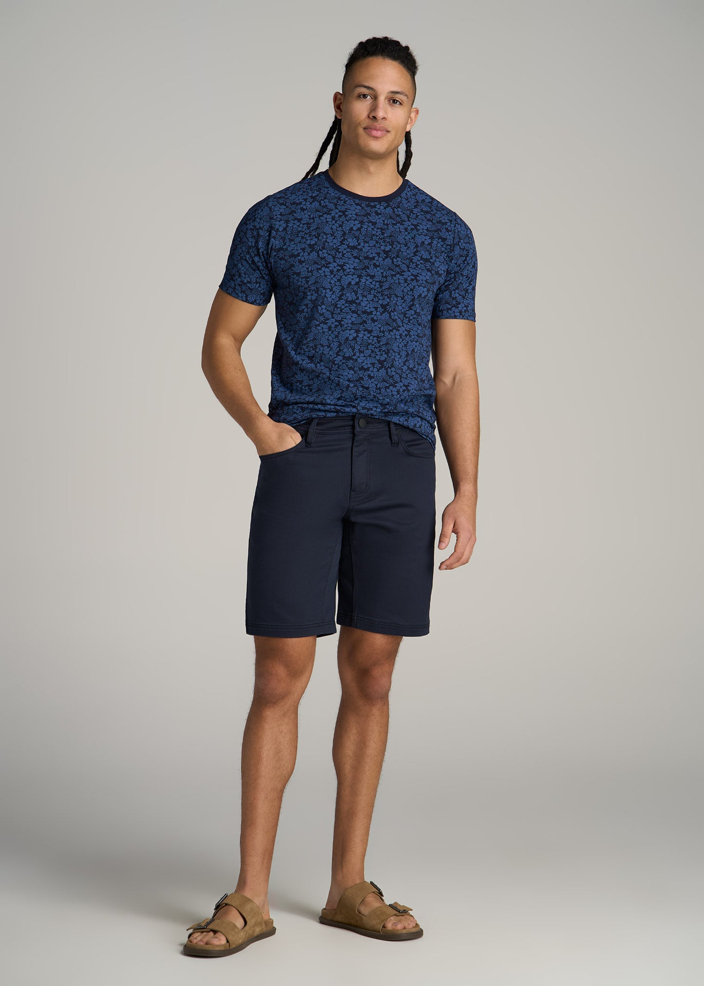 Stretch Pima Cotton Printed Tee for Tall Men in Blue Hibiscus