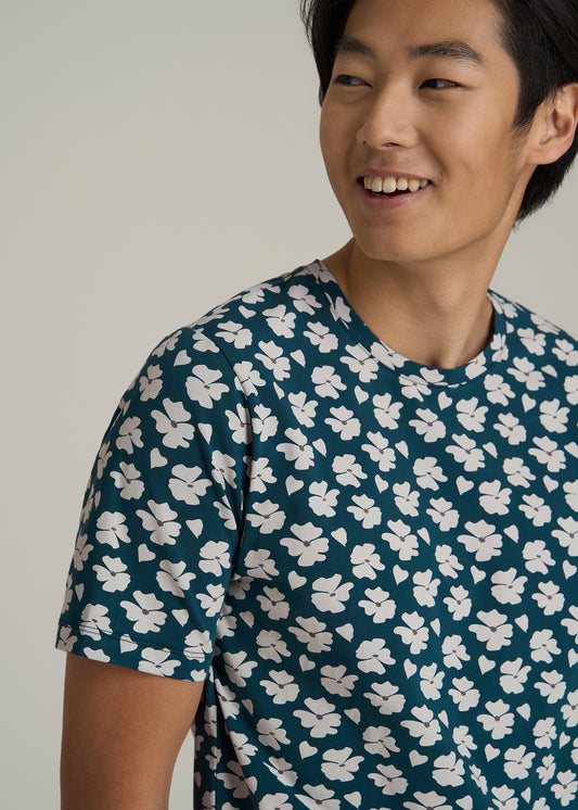 Stretch Pima Cotton Printed Tee for Tall Men in Bright Blue Floral