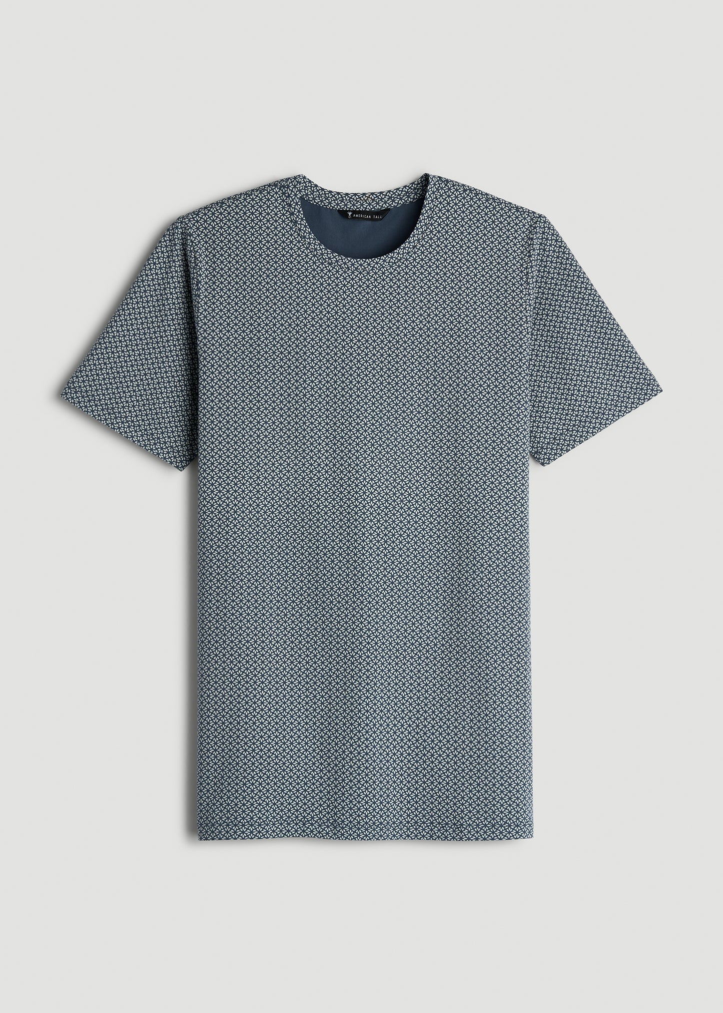 Stretch Pima Cotton Printed Tee for Tall Men in Grey and Blue Geometric