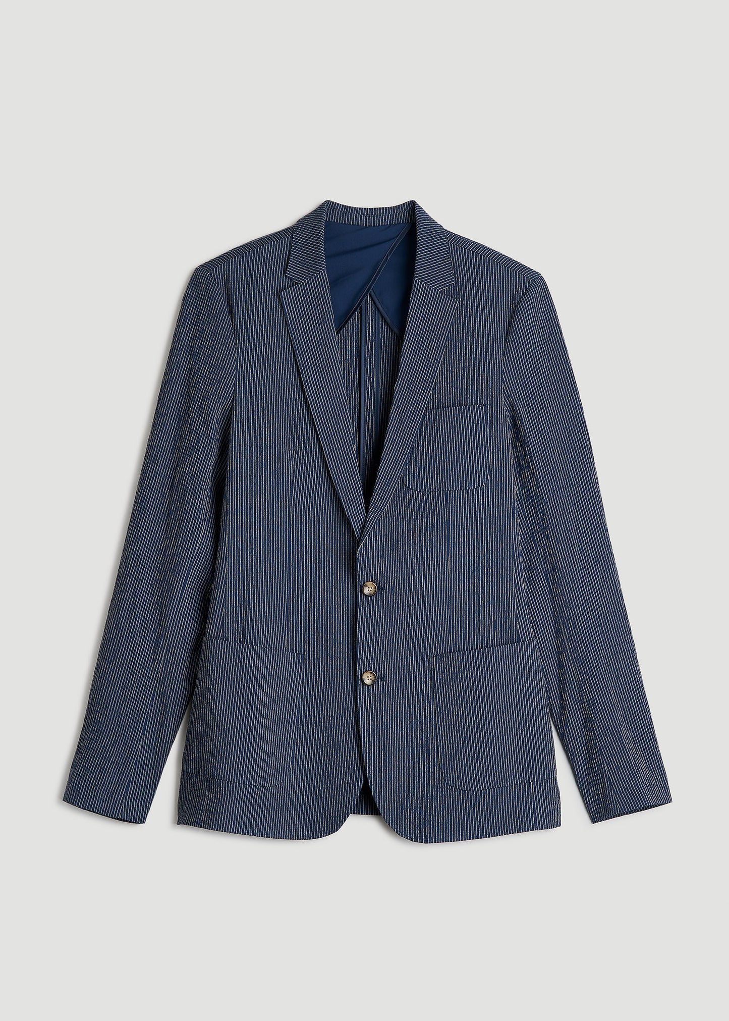 Stretch Seersucker Blazer for Tall Men in Navy and Off White Stripe