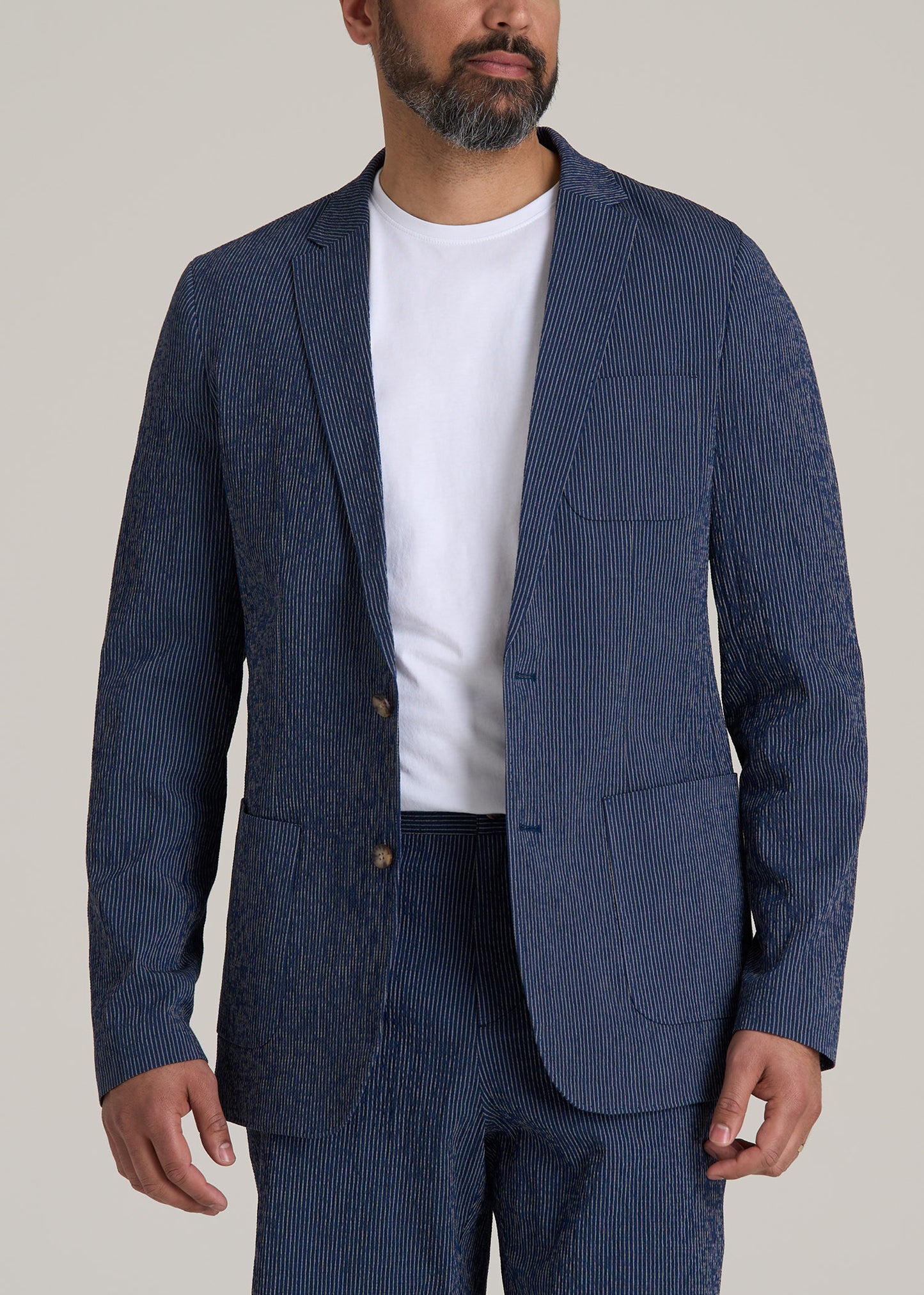 Stretch Seersucker Blazer for Tall Men in Navy and Off White Stripe