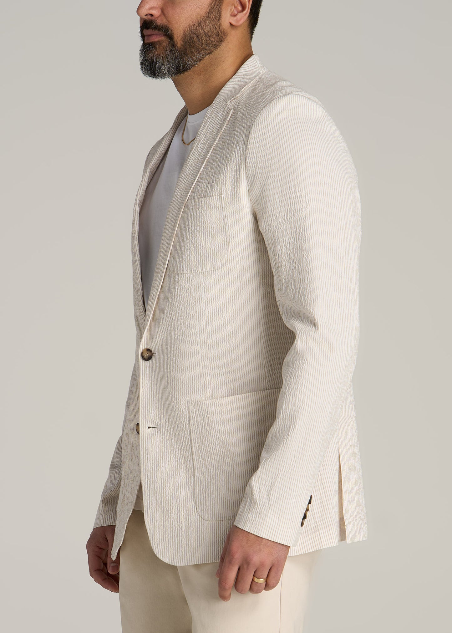 Stretch Seersucker Blazer for Tall Men in Off White and Beige Stripe