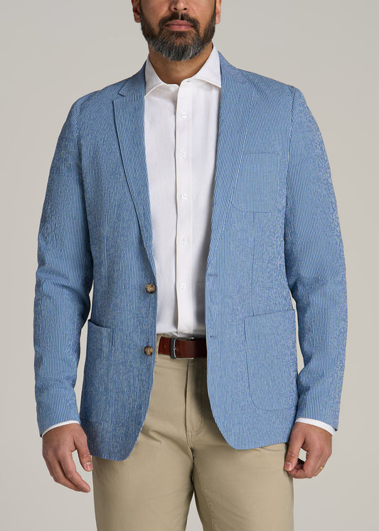 Stretch Seersucker Blazer for Tall Men in Tonal Blue Stripe