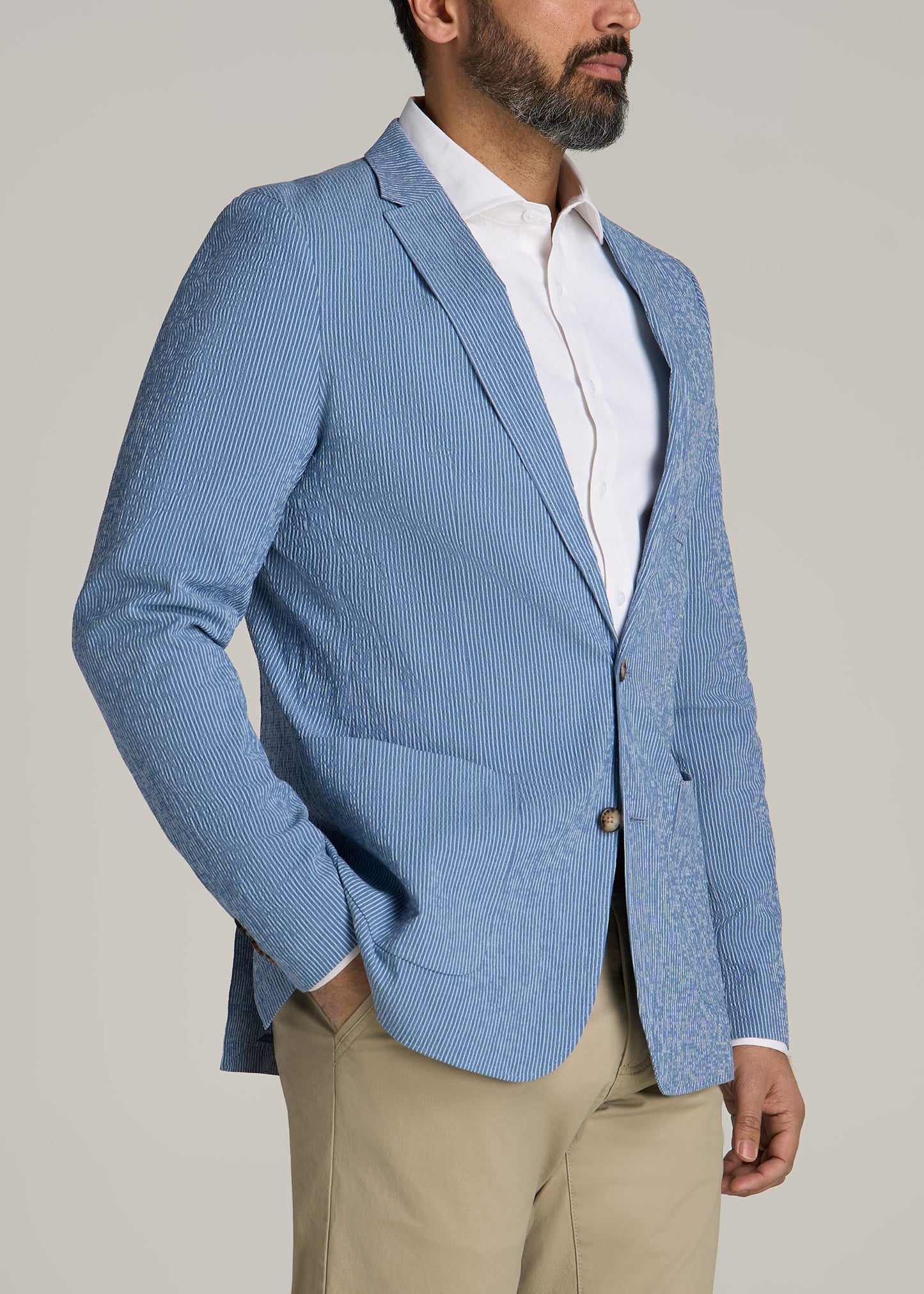 Stretch Seersucker Blazer for Tall Men in Tonal Blue Stripe