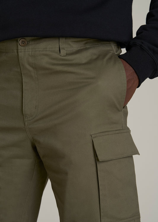 Stretch Twill Cargo Shorts for Tall Men in Dark Moss Green