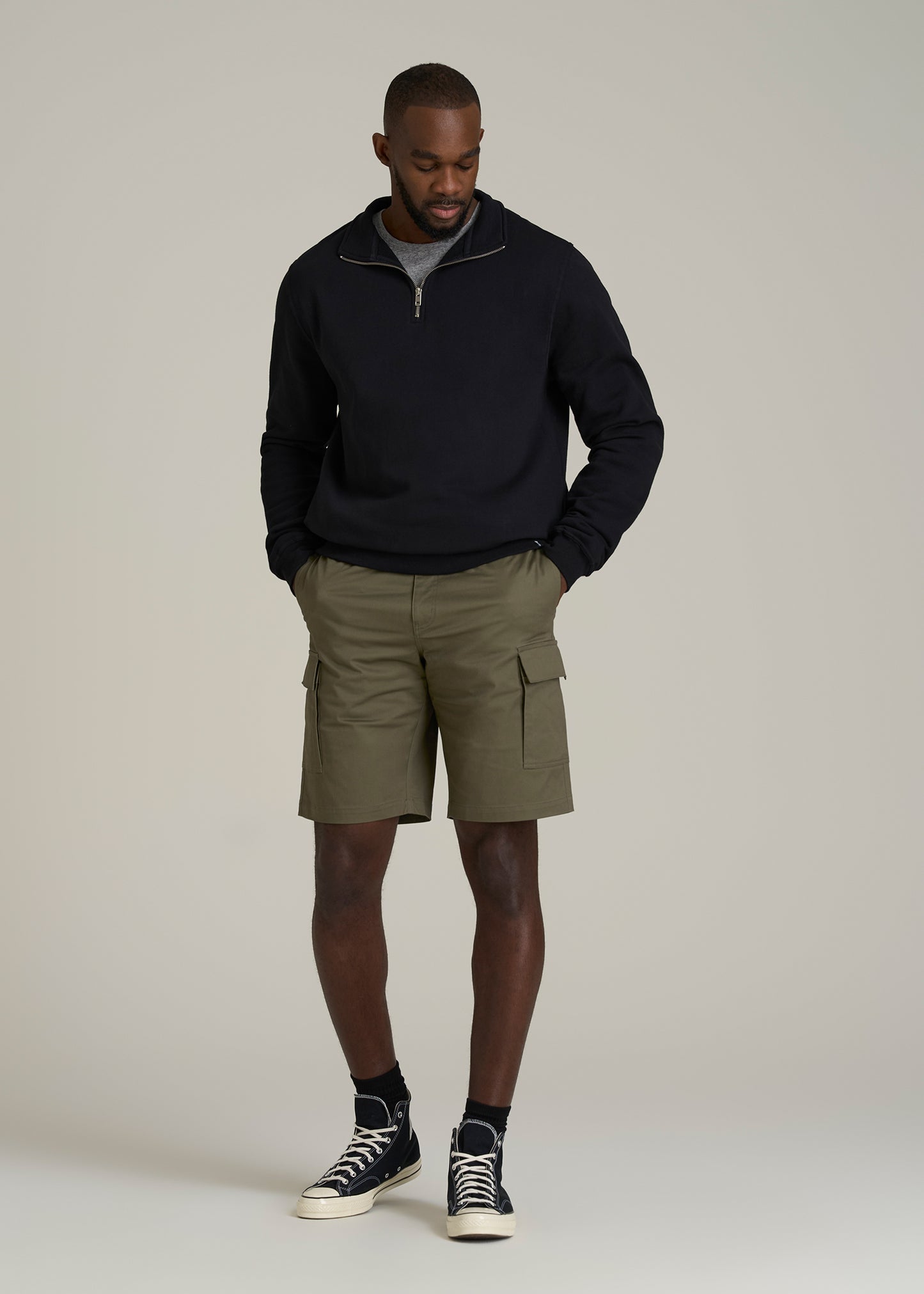 Stretch Twill Cargo Shorts for Tall Men in Dark Moss Green