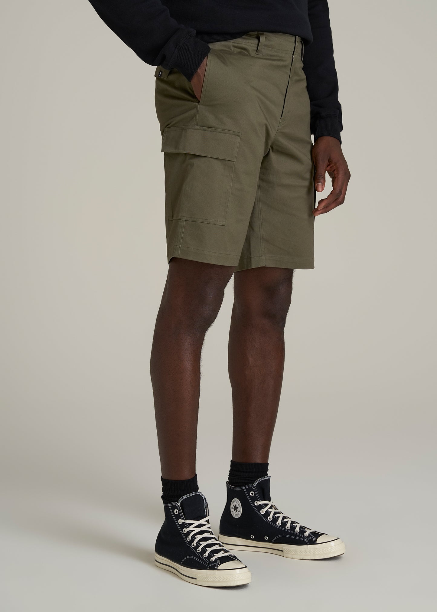 Stretch Twill Cargo Shorts for Tall Men in Dark Moss Green