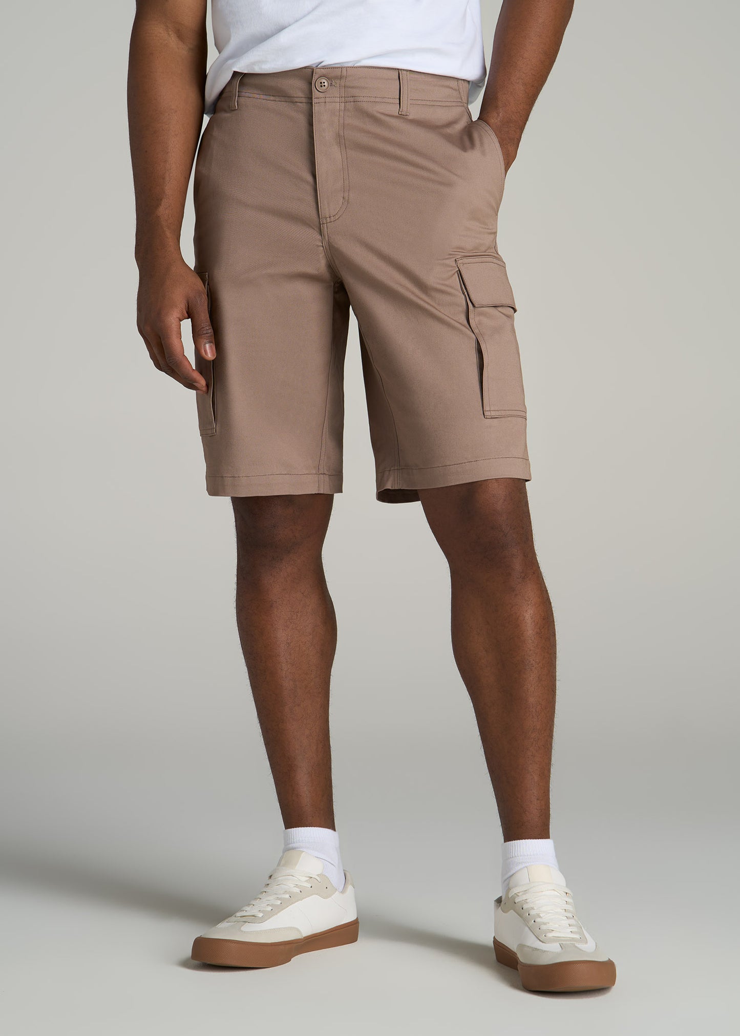 Stretch Twill Cargo Shorts for Tall Men in Dark Sand