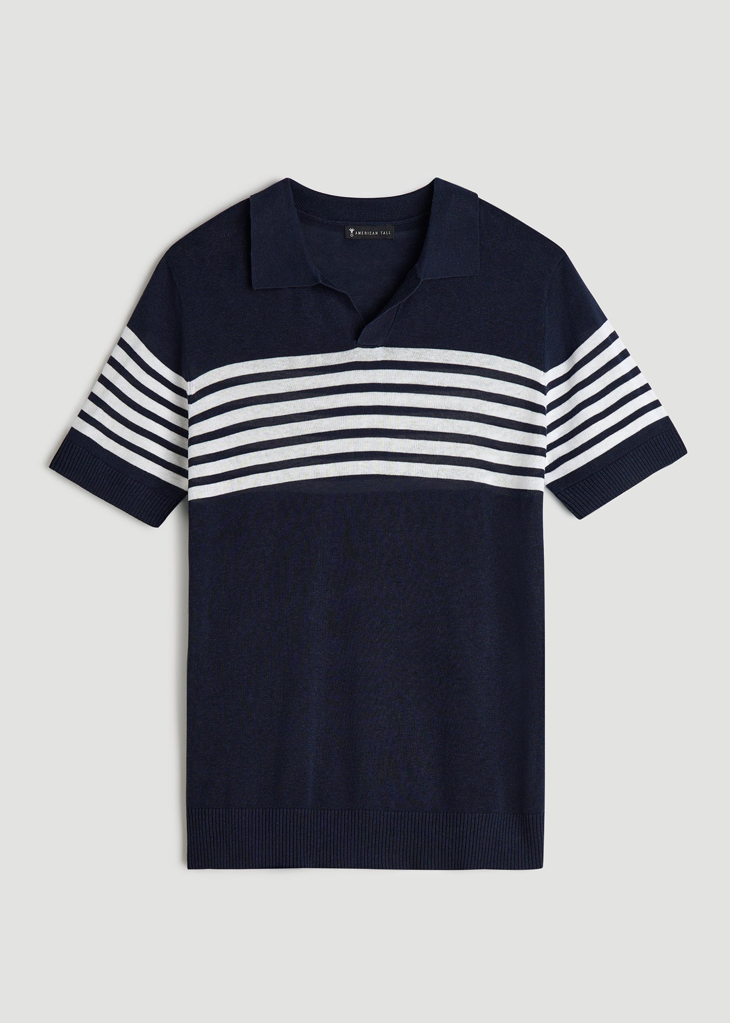 Striped Linen Blend Tall Men's Polo Shirt in Blue and White Stripe