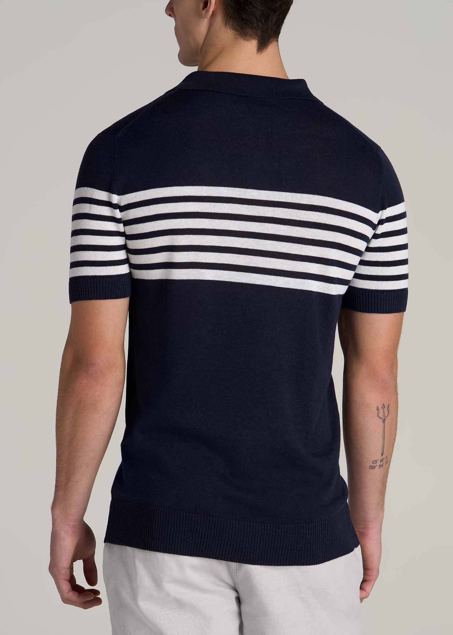 Striped Linen Blend Tall Men's Polo Shirt in Blue and White Stripe