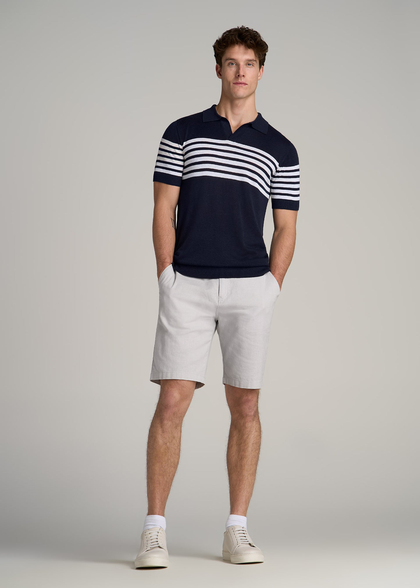 Striped Linen Blend Tall Men's Polo Shirt in Blue and White Stripe