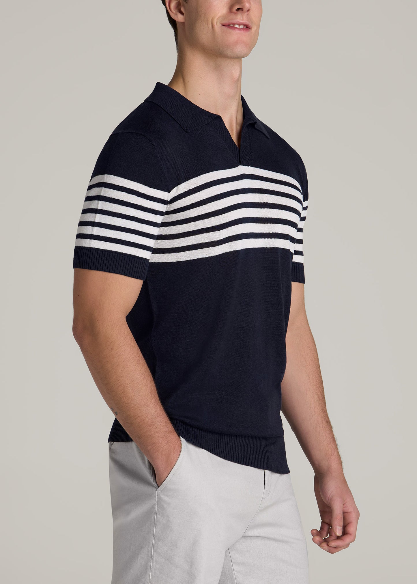 Striped Linen Blend Tall Men's Polo Shirt in Blue and White Stripe