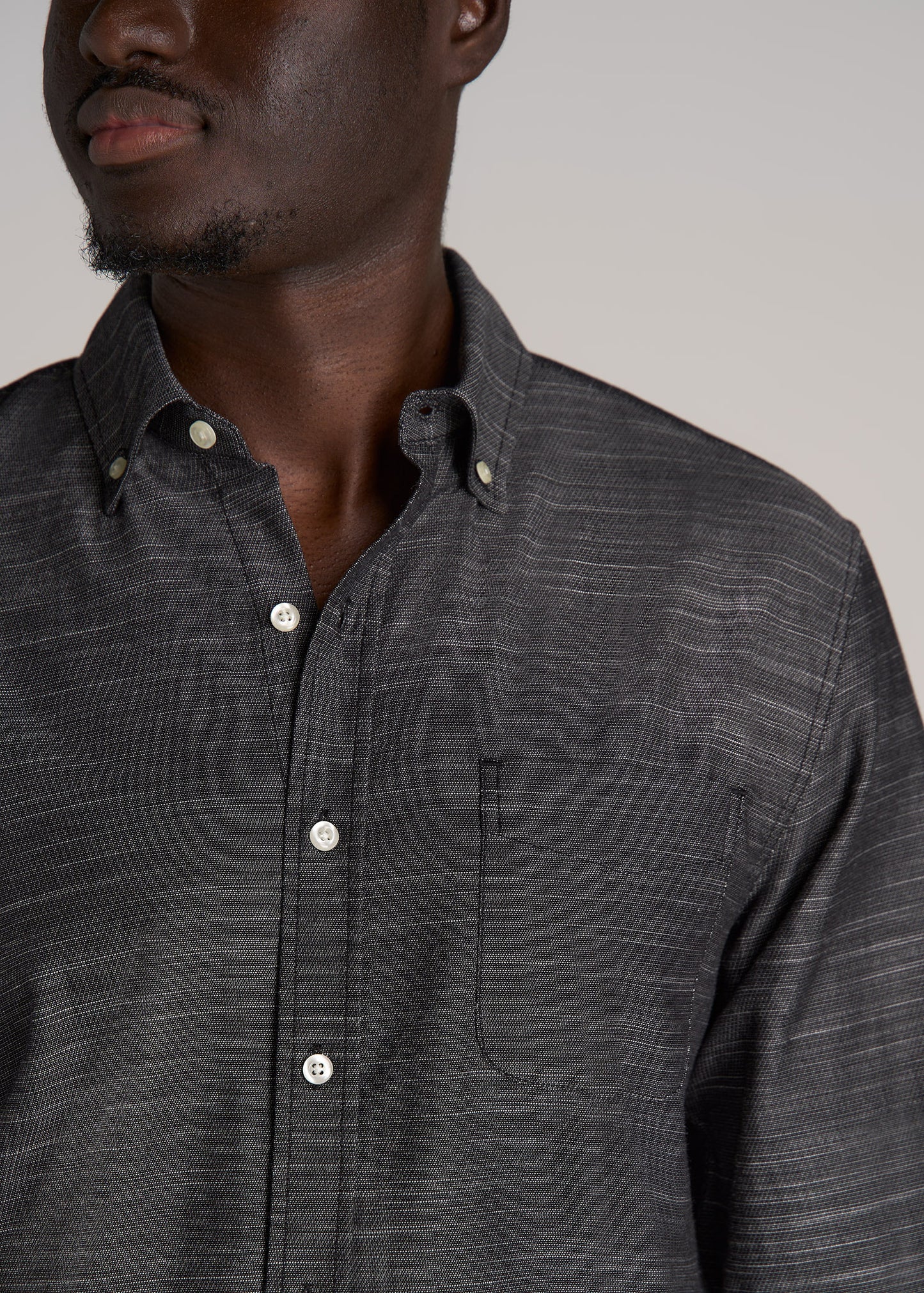 Textured Weave Cotton Button-Up Shirt for Tall Men in Black