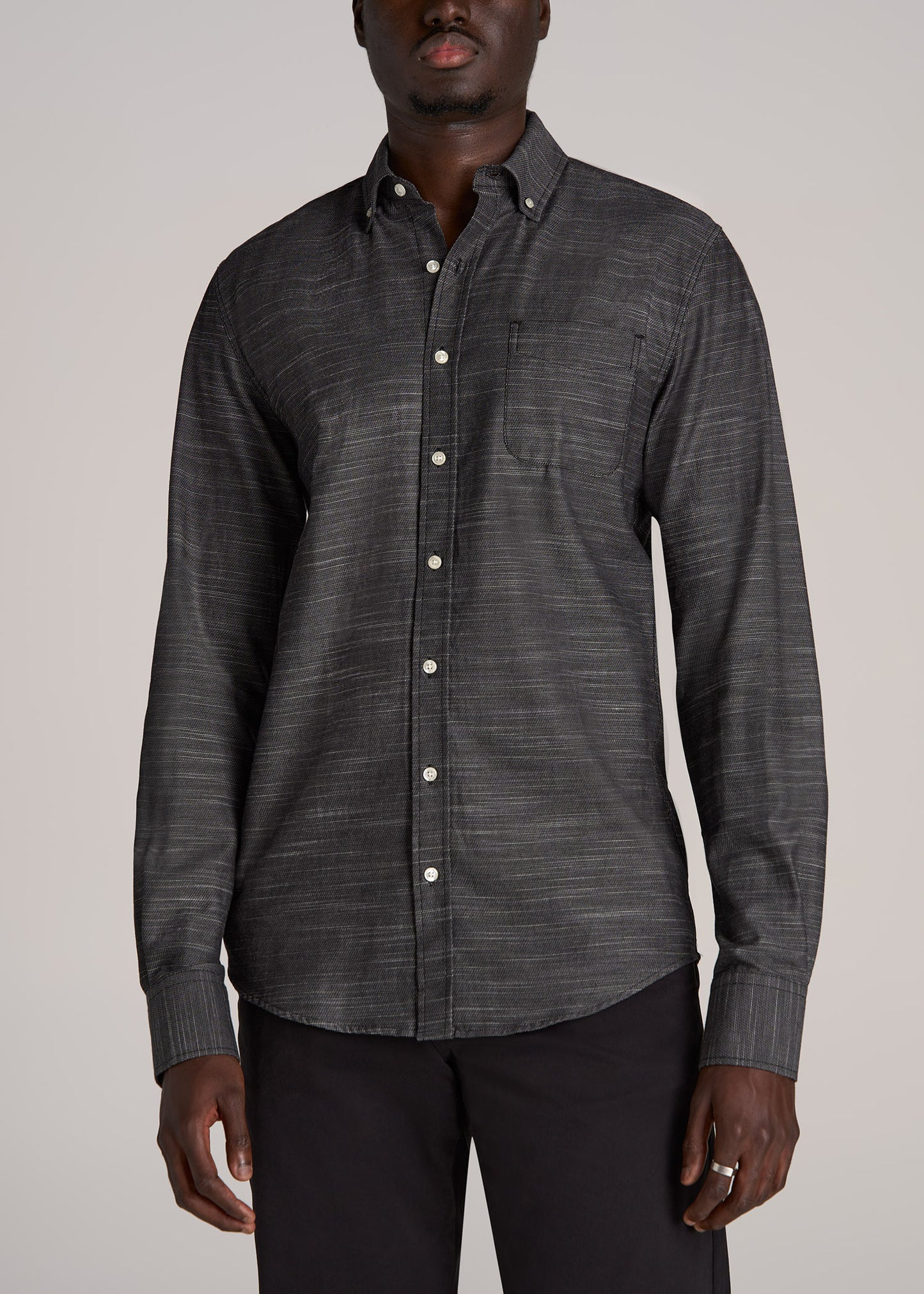 Textured Weave Cotton Button-Up Shirt for Tall Men in Black