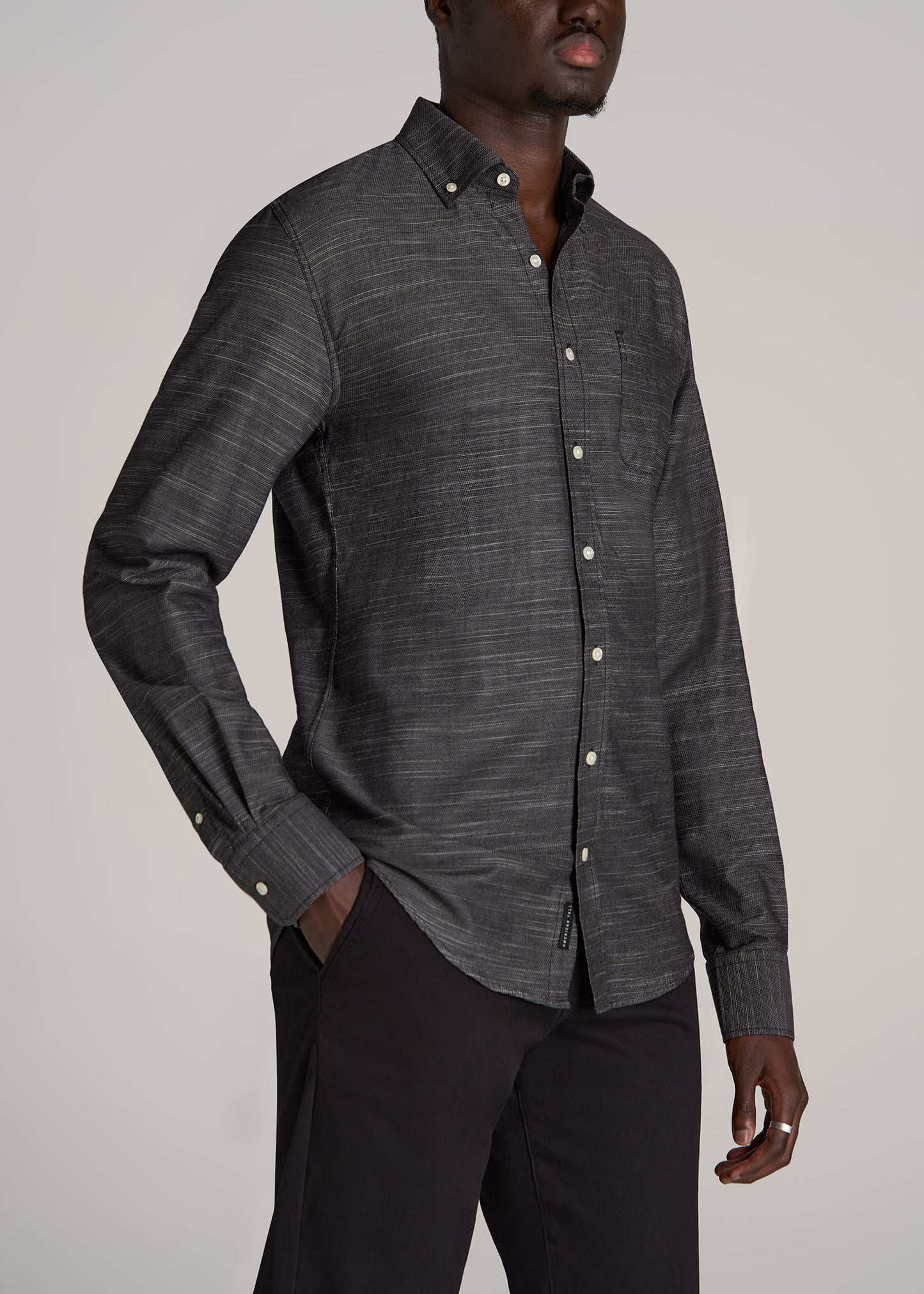 Textured Weave Cotton Button-Up Shirt for Tall Men in Black