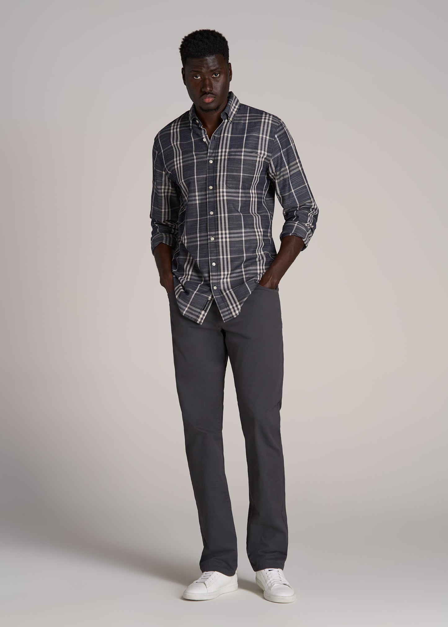 Textured Weave Cotton Button-Up Shirt for Tall Men in Dark Blue Plaid