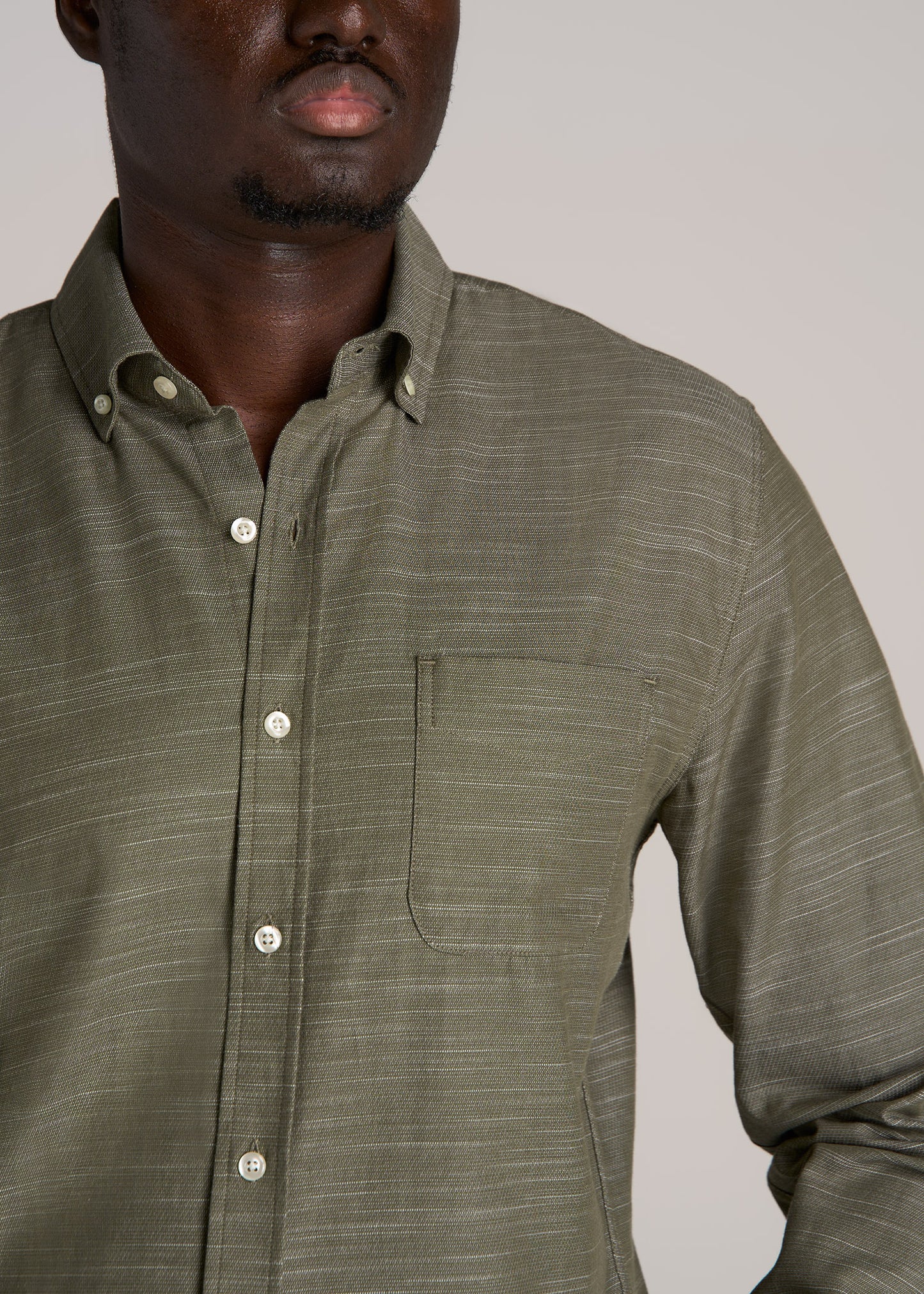 Textured Weave Cotton Button-Up Shirt for Tall Men in Olive