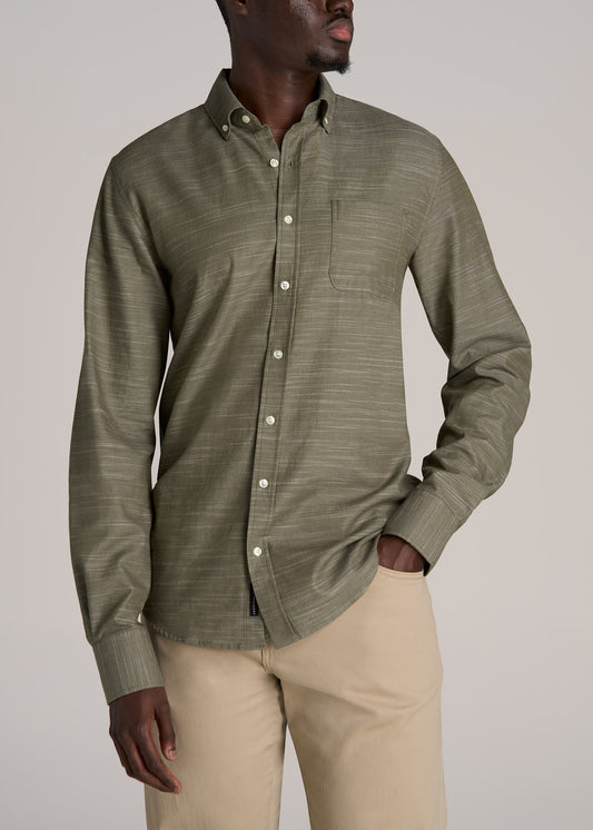 Textured Weave Cotton Button-Up Shirt for Tall Men in Olive