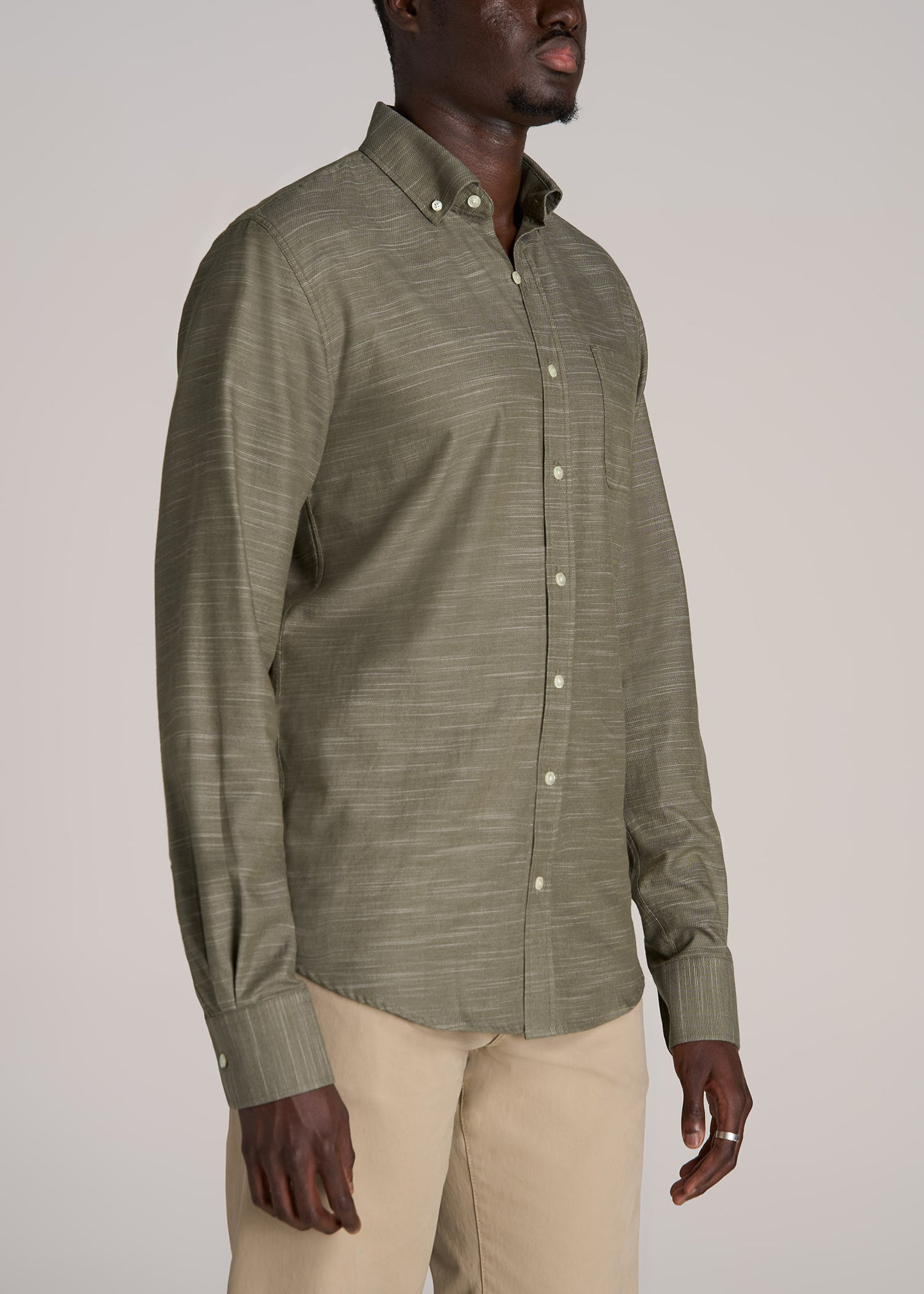 Textured Weave Cotton Button-Up Shirt for Tall Men in Olive