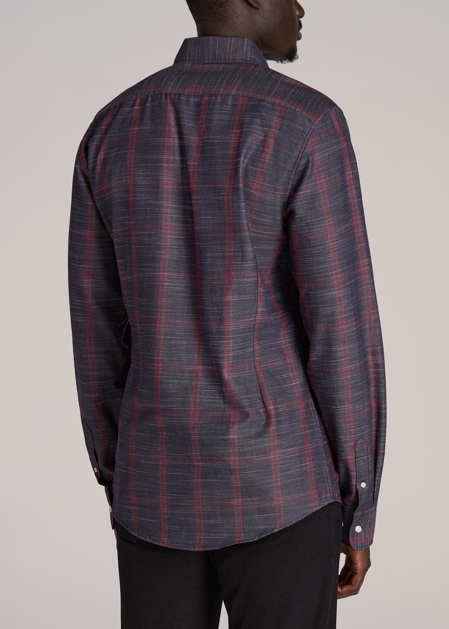 Textured Weave Cotton Button-Up Shirt for Tall Men in Red Plaid