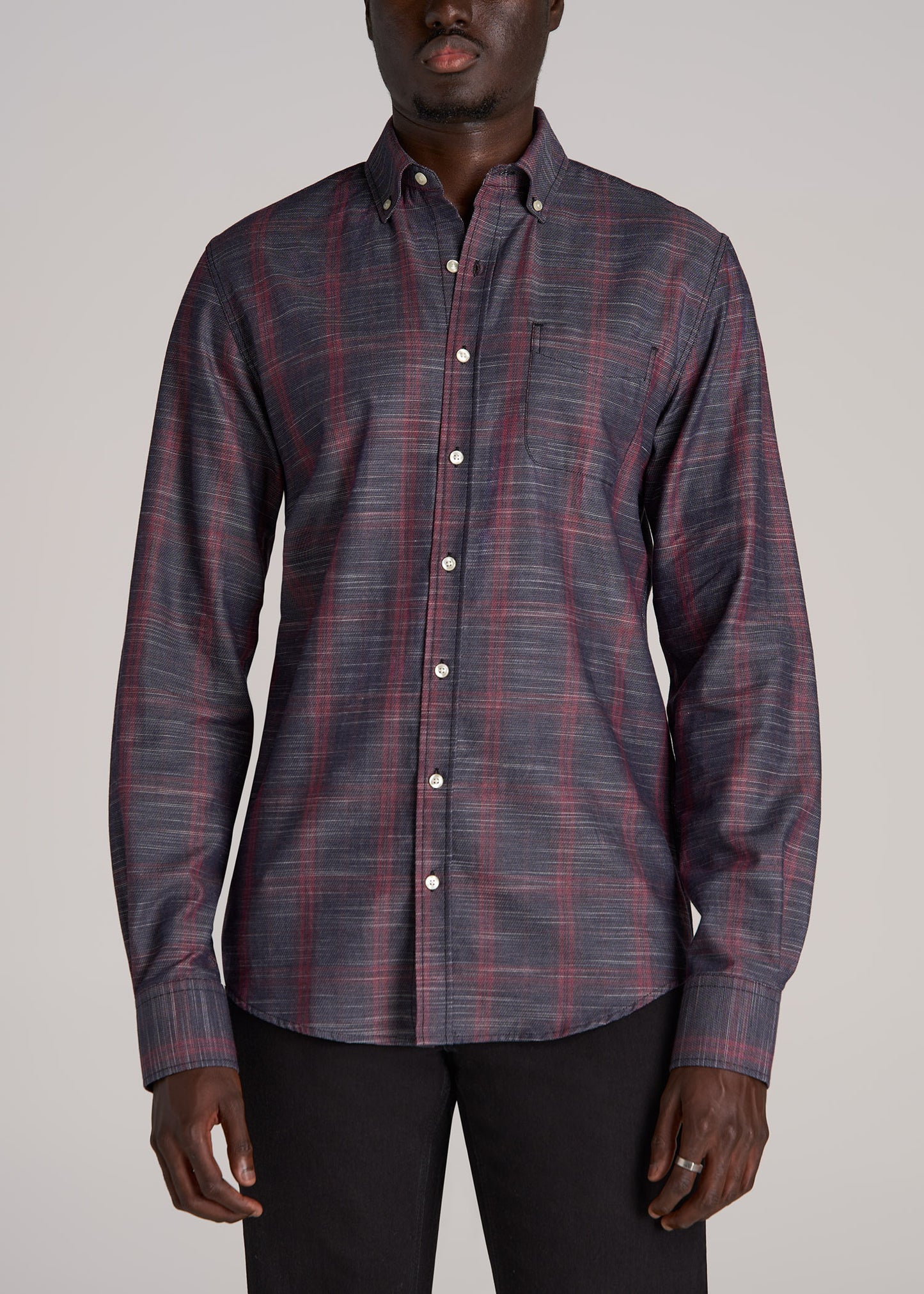 Textured Weave Cotton Button-Up Shirt for Tall Men in Red Plaid