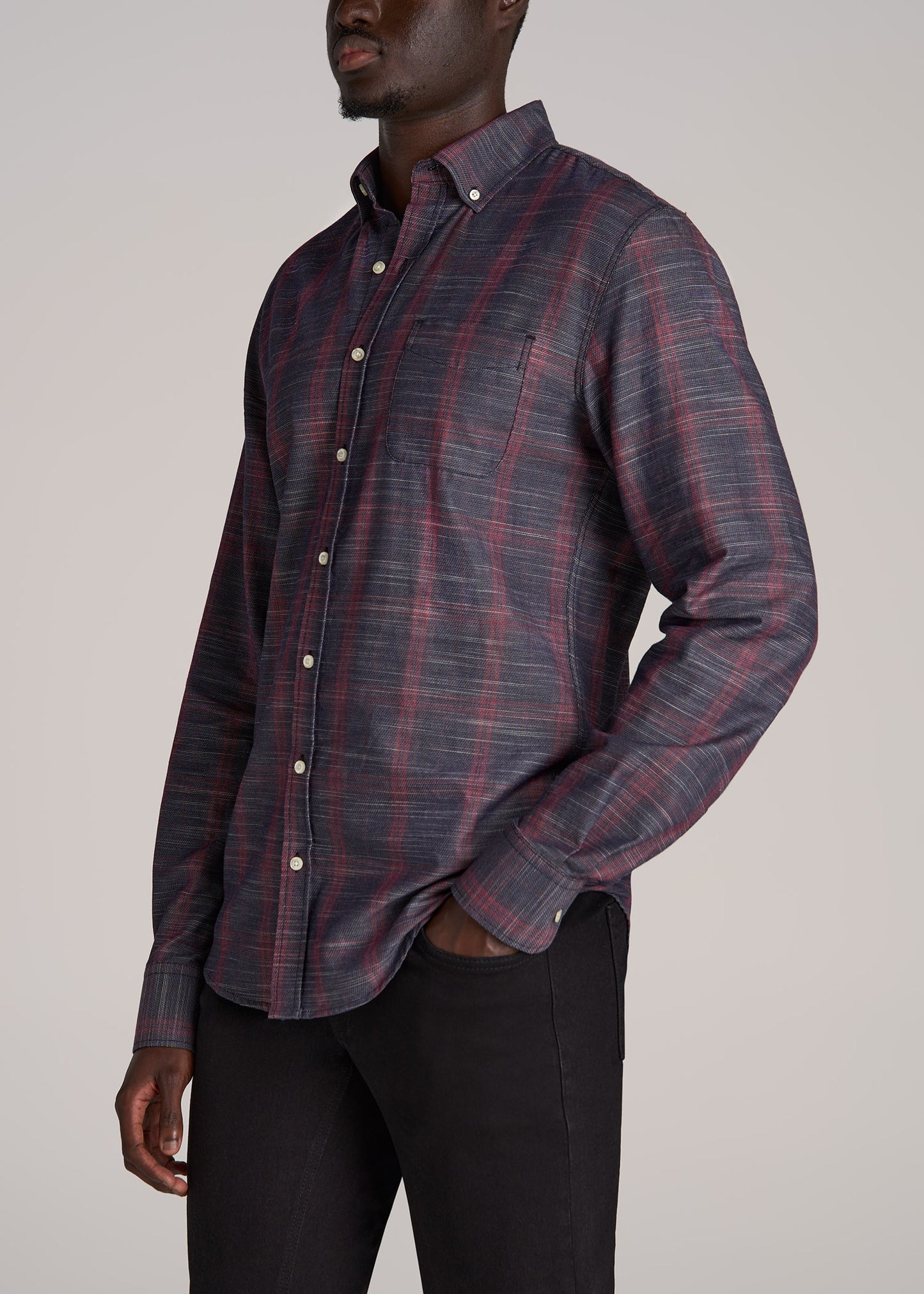 Textured Weave Cotton Button-Up Shirt for Tall Men in Red Plaid