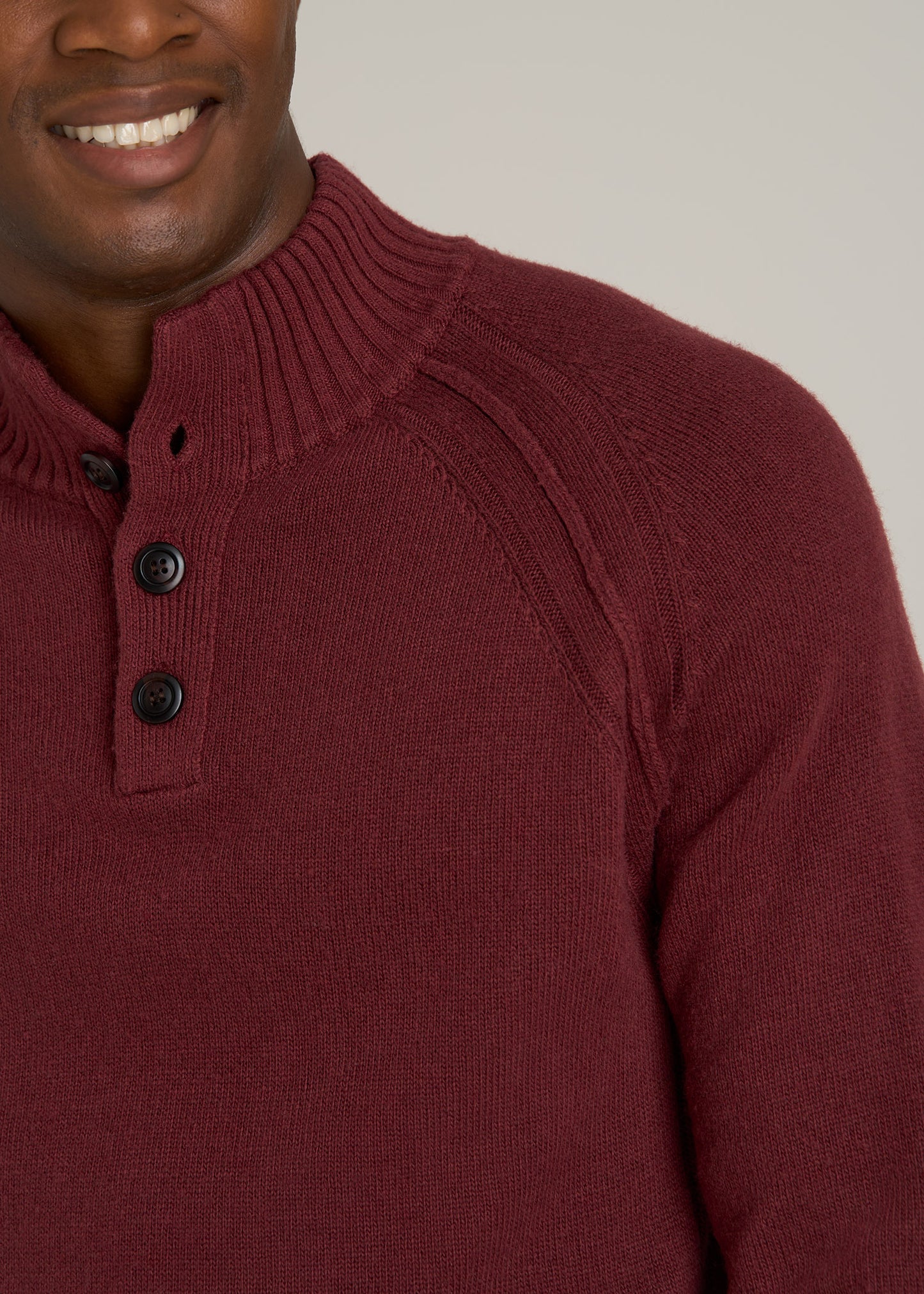 Three Button Mock Neck Tall Men's Sweater in Red Ochre