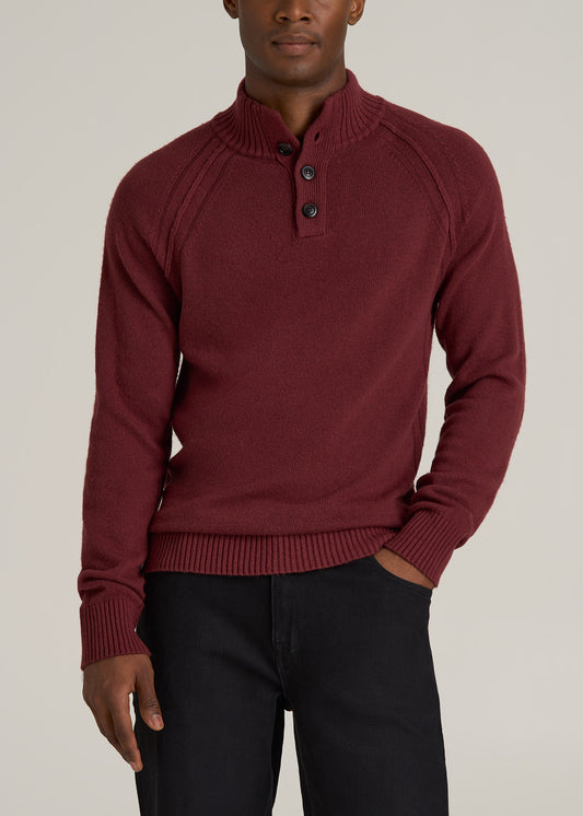 Three Button Mock Neck Tall Men's Sweater in Red Ochre