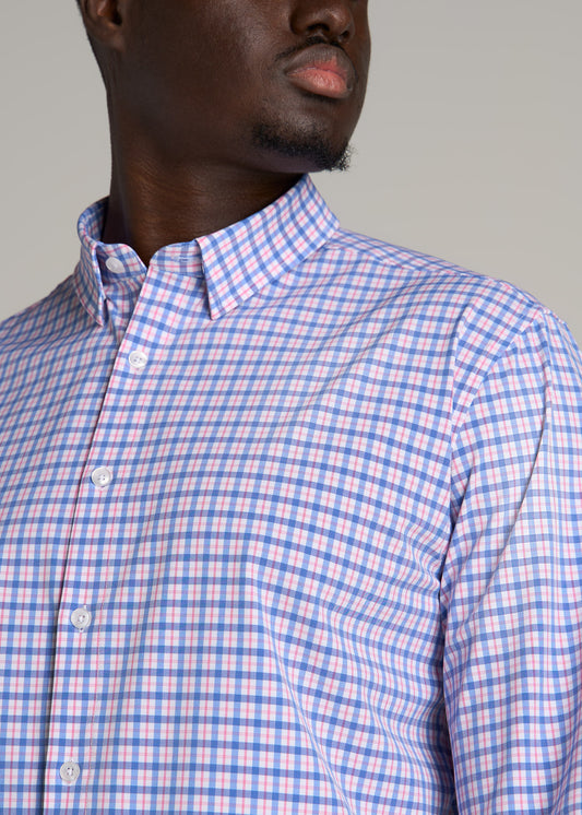 Traveler Stretch Dress Shirt for Tall Men in Blue and Rose Grid