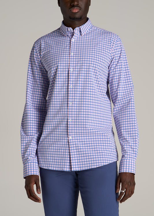 Traveler Stretch Dress Shirt for Tall Men in Blue and Rose Grid