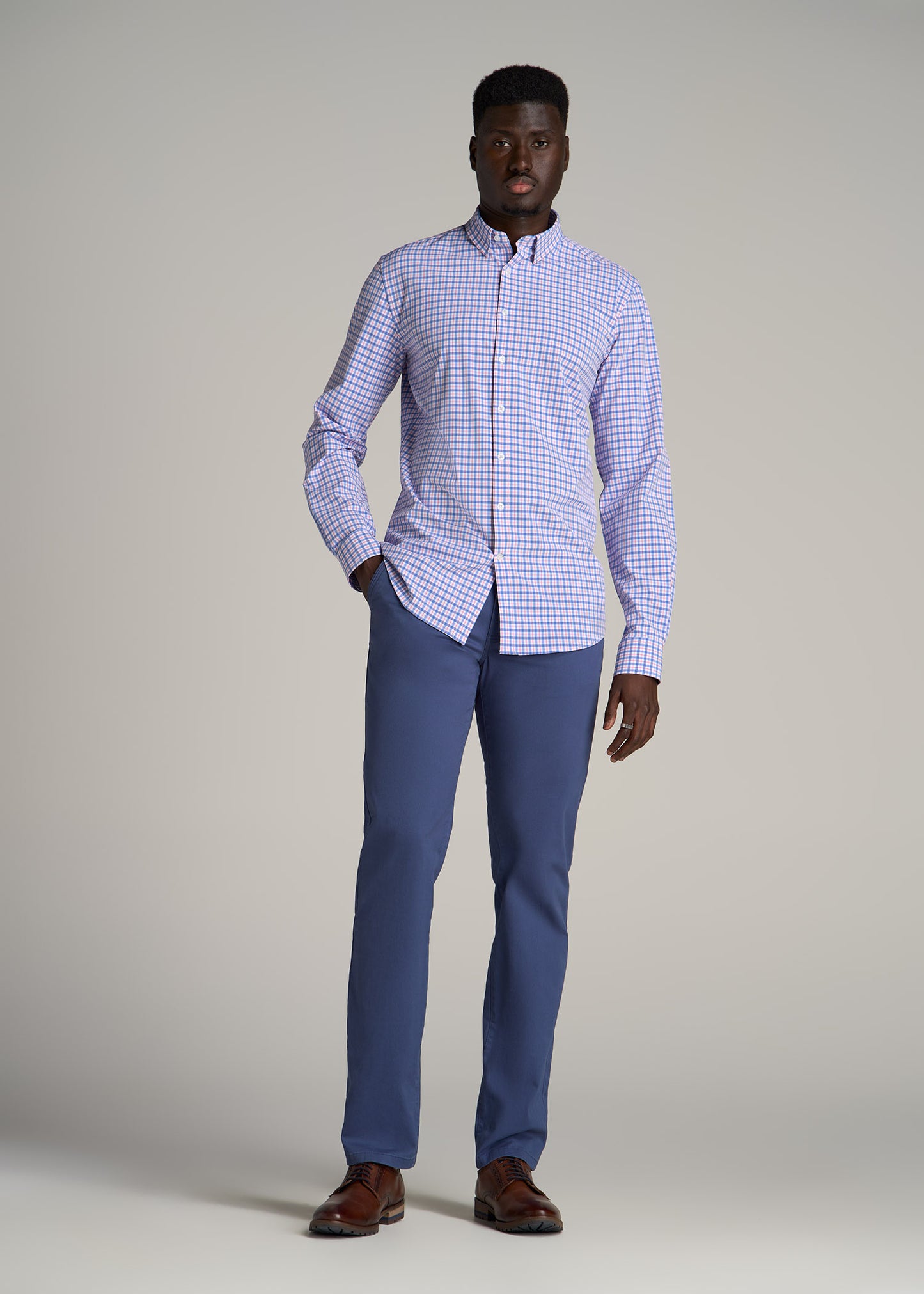 Traveler Stretch Dress Shirt for Tall Men in Blue and Rose Grid