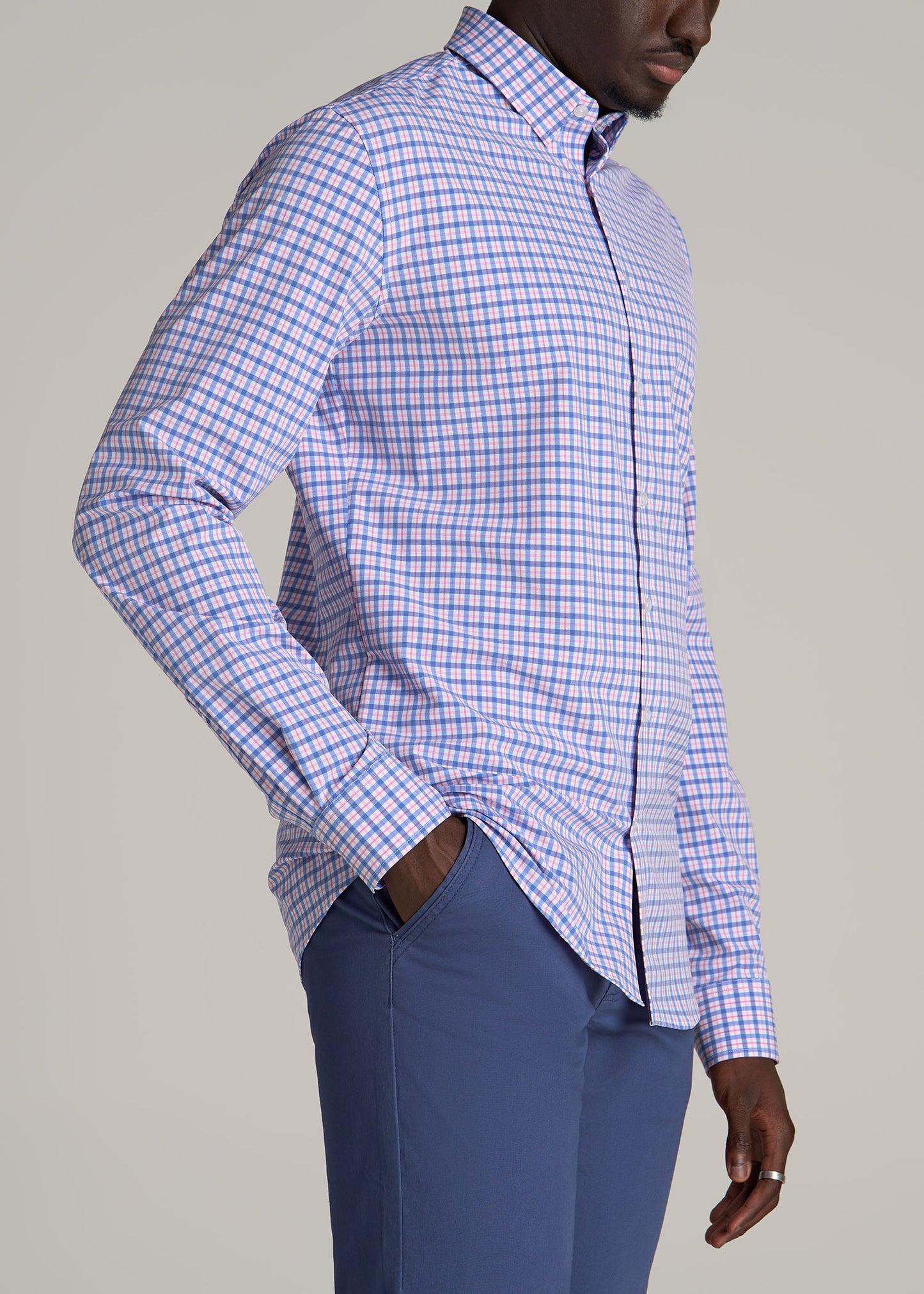 Traveler Stretch Dress Shirt for Tall Men in Blue and Rose Grid