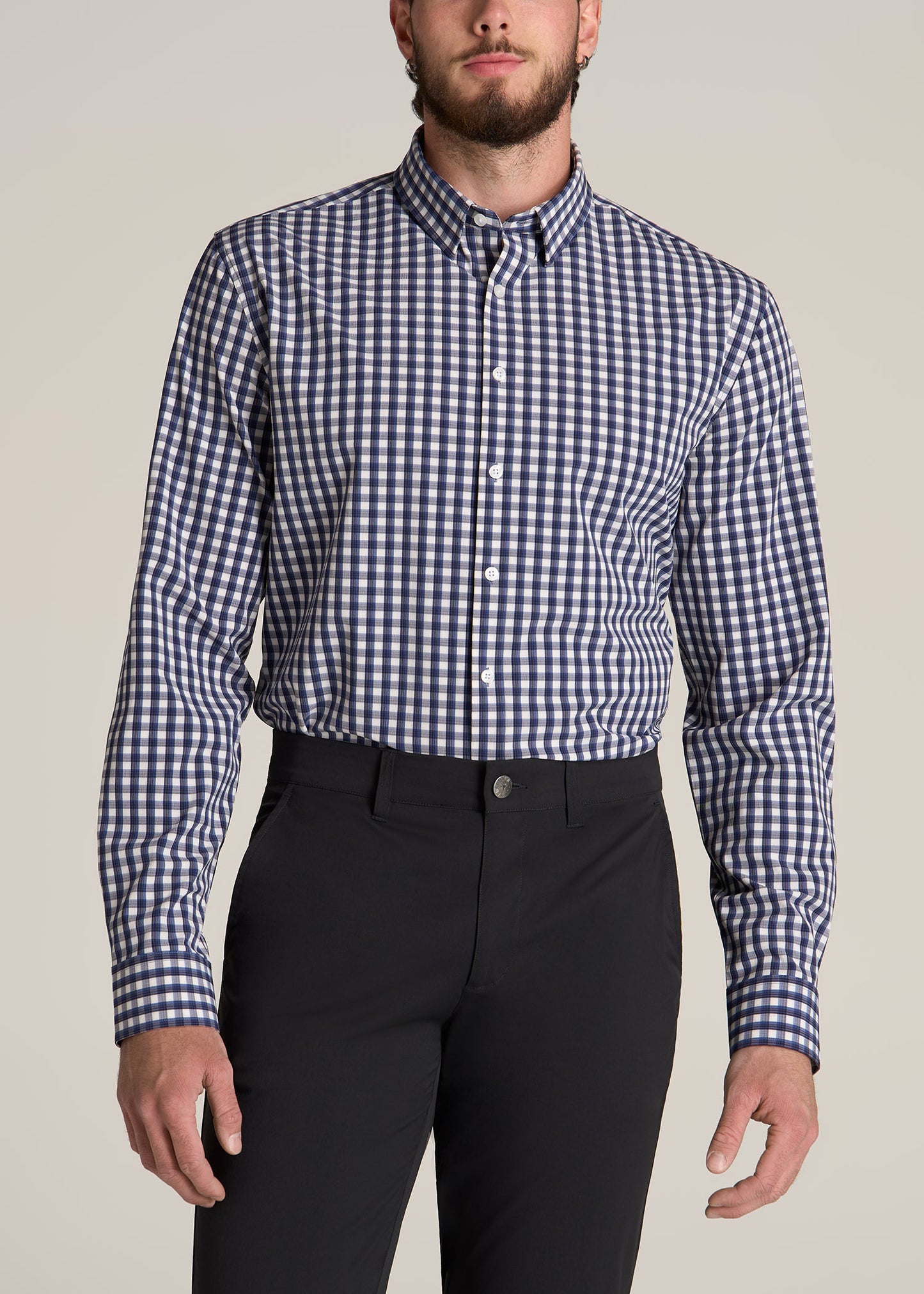 American-Tall-Men-Traveler-Stretch-Dress-Shirt-Blue-White-Gingham-Front