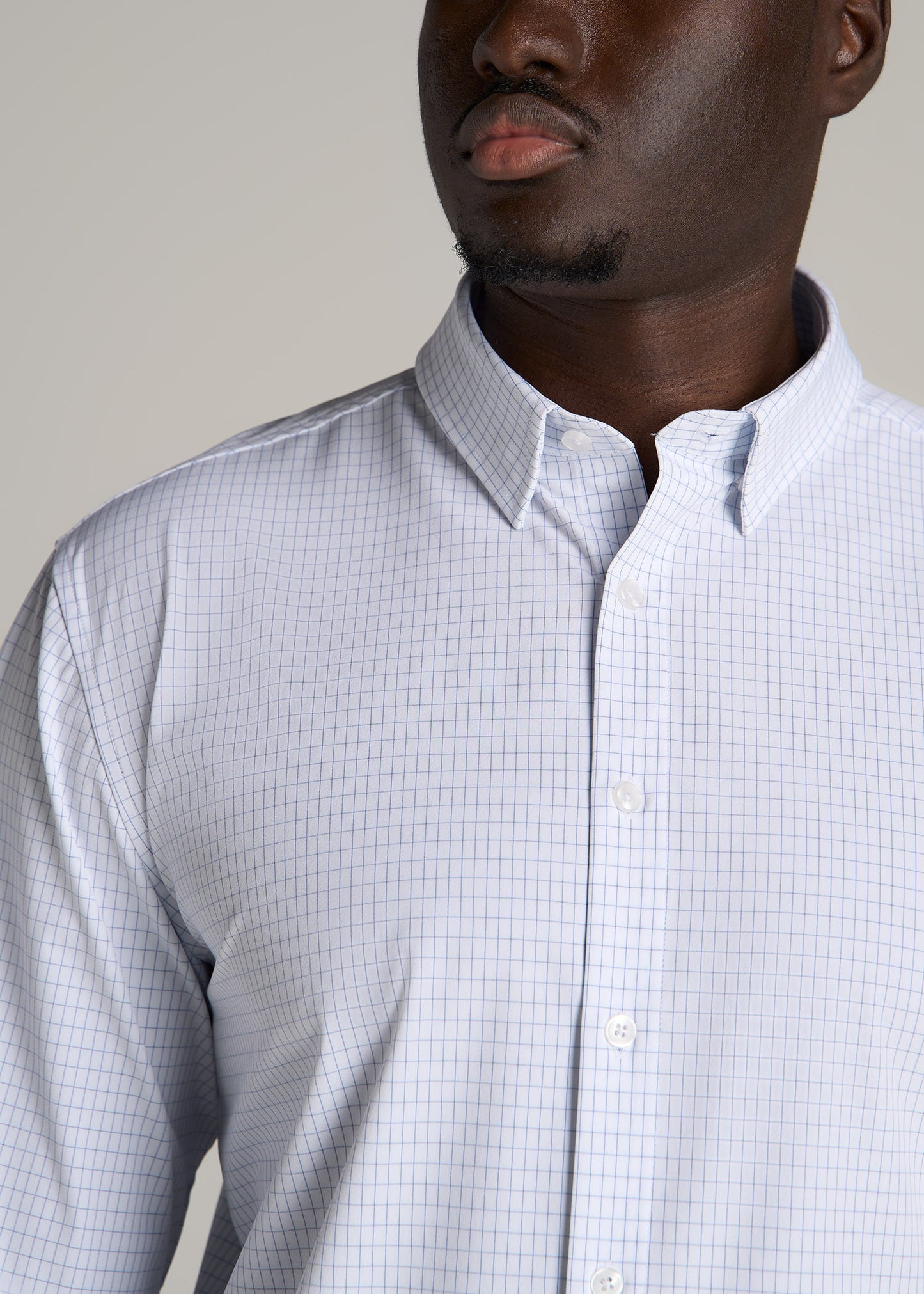 Traveler Stretch Dress Shirt for Tall Men in Medium Blue Mini Grid