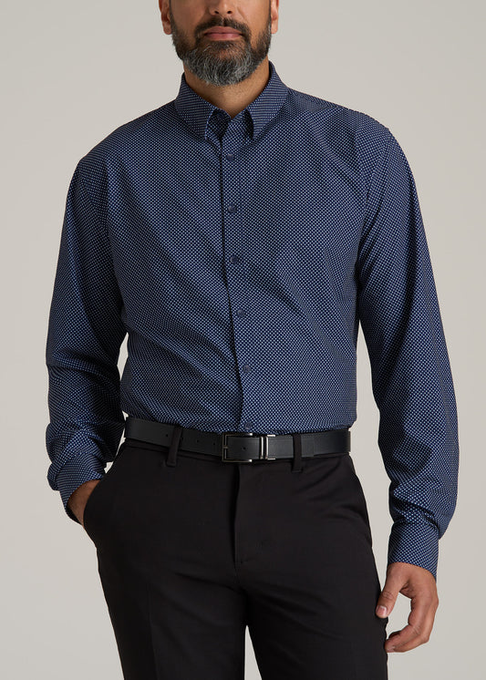 Traveler Stretch Dress Shirt for Tall Men in Navy Polka Dot