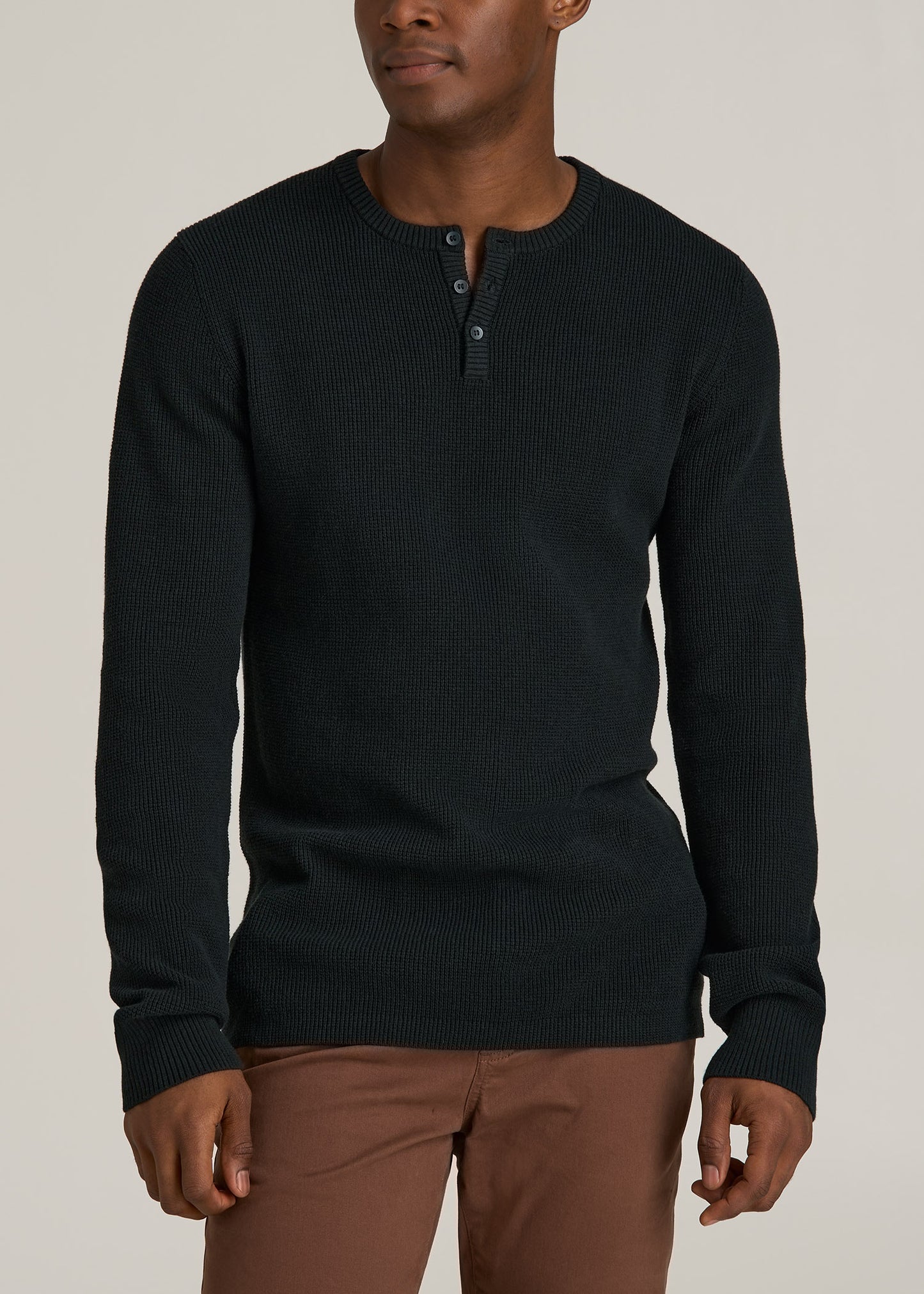 Waffle Knit Henley Sweater for Tall Men in Midnight Green