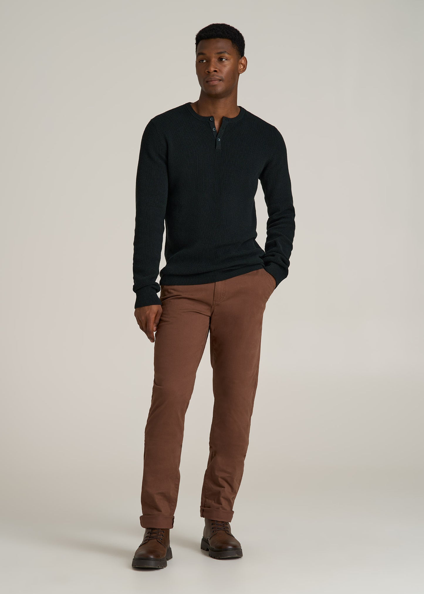 Waffle Knit Henley Sweater for Tall Men in Midnight Green