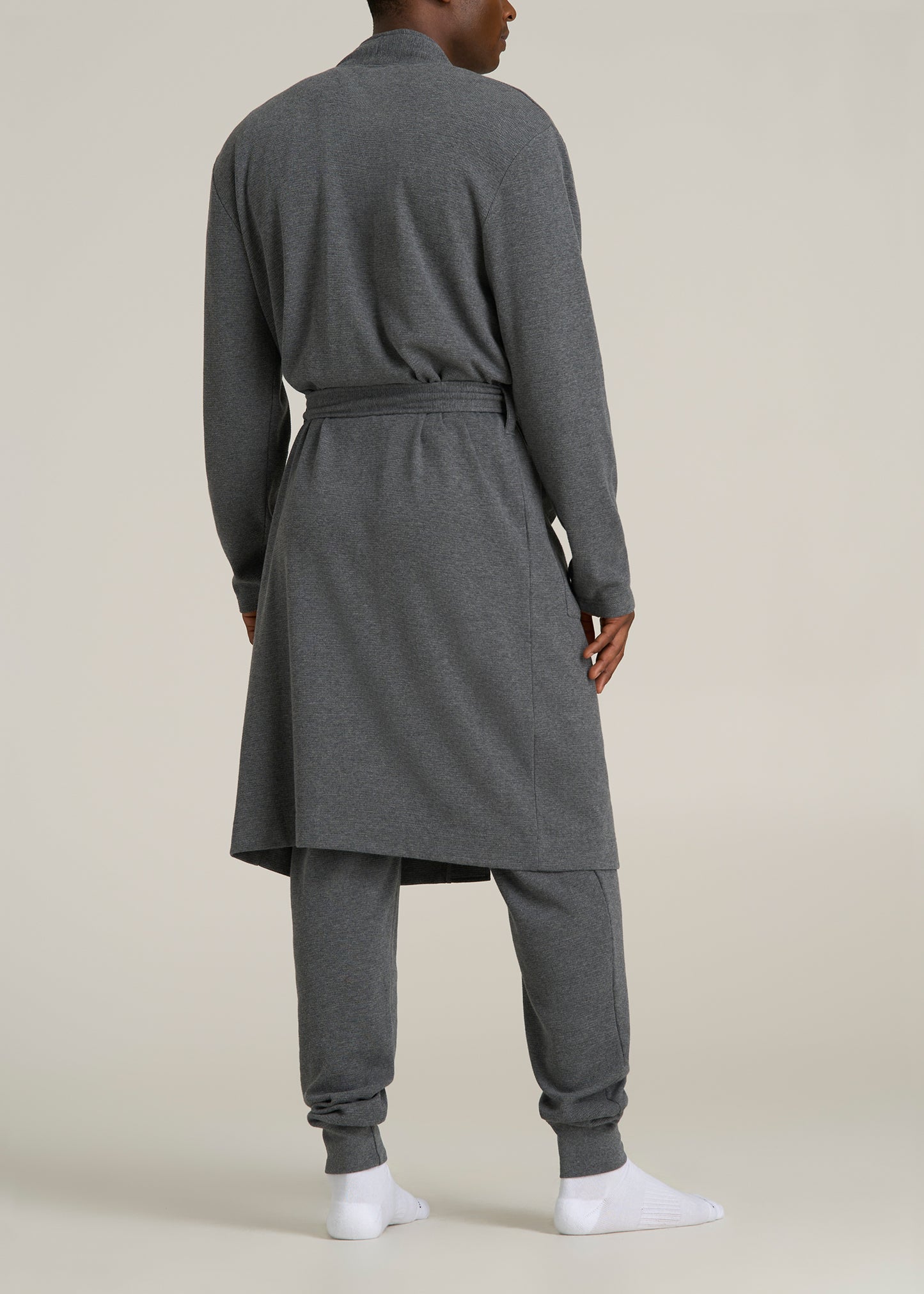 Waffle-Knit Lounge Robe for Tall Men in Stone Grey Mix