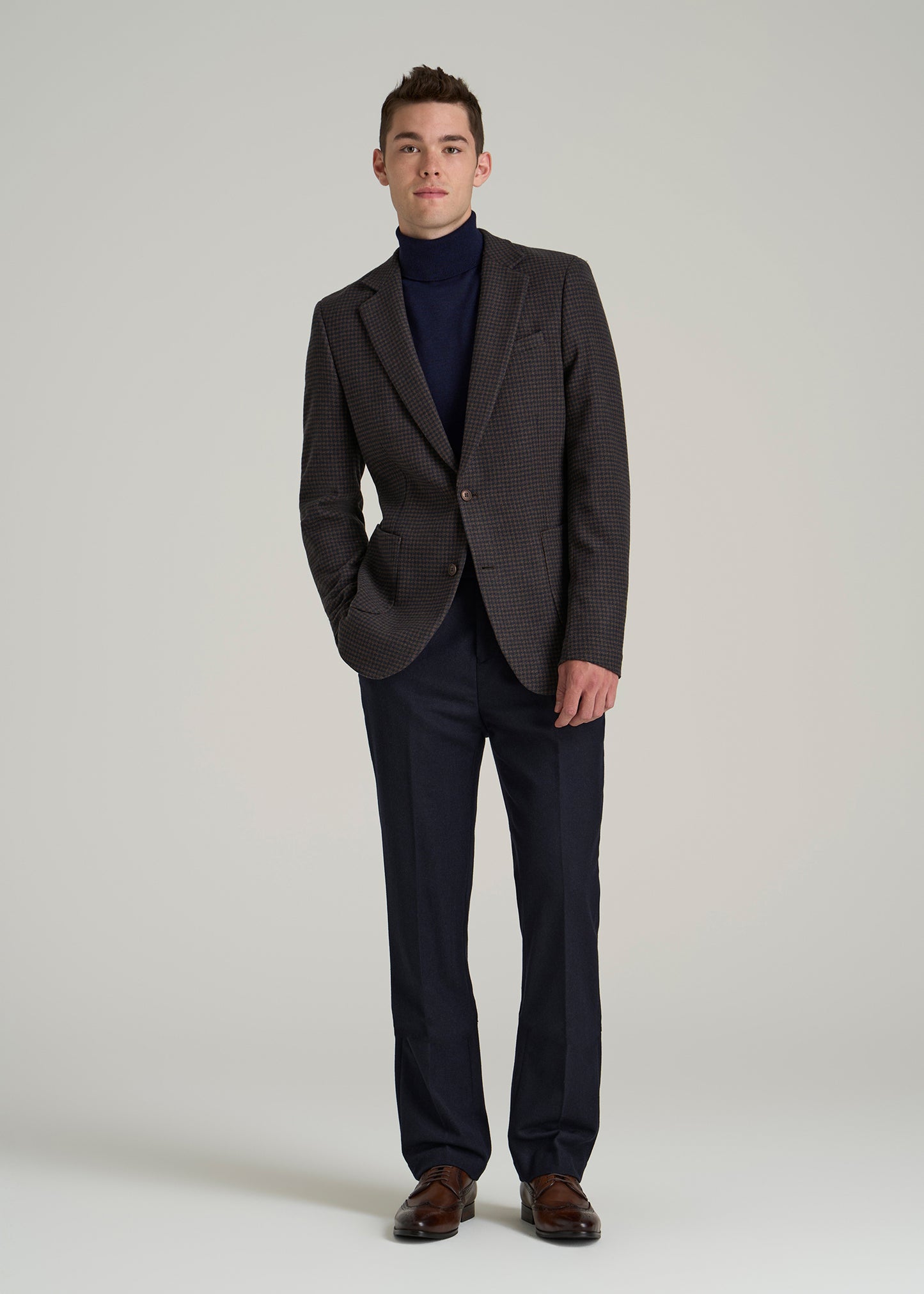 Wool Blend Blazer for Tall Men in Indigo and Brown Houndstooth