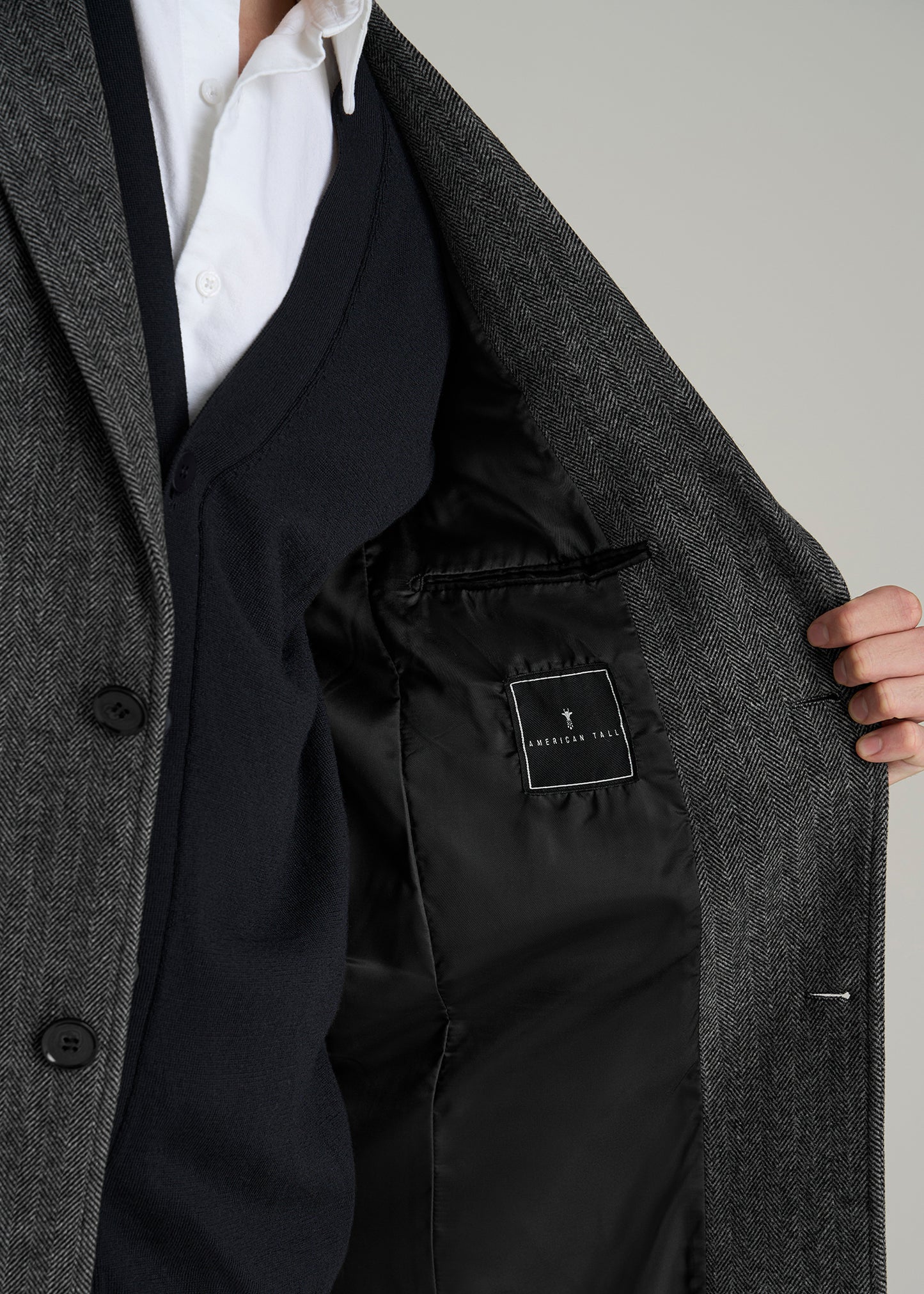 Wool Coat for Tall Men in Grey and Black Herringbone