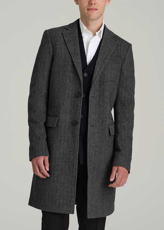 Wool Coat for Tall Men in Grey and Black Herringbone