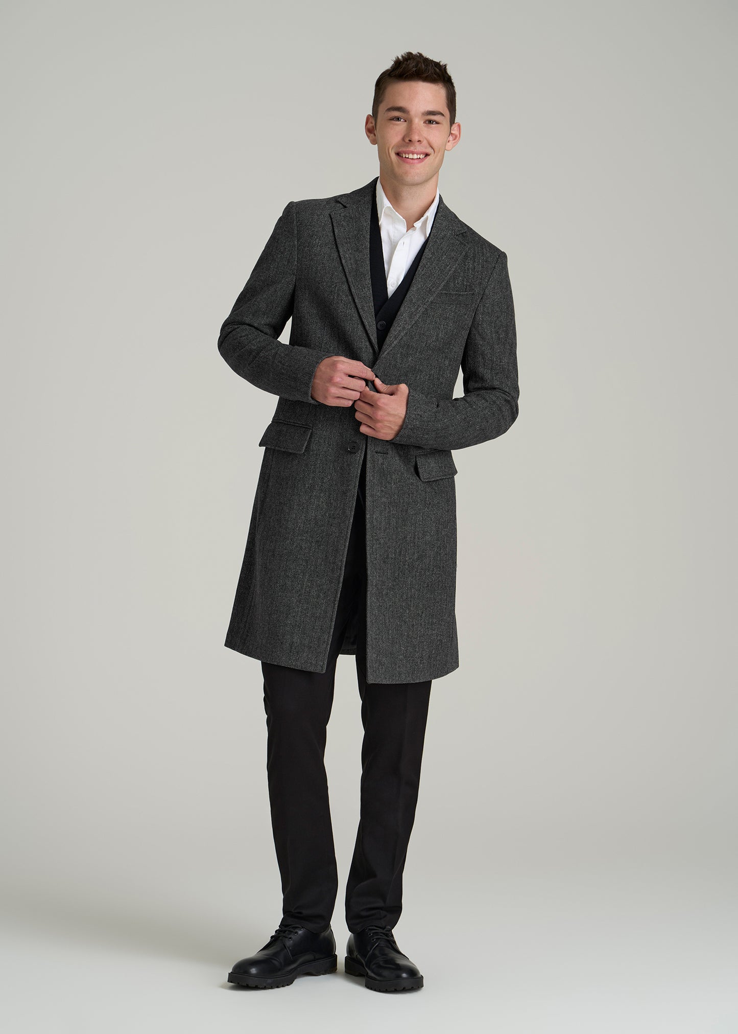 Wool Coat for Tall Men in Grey and Black Herringbone