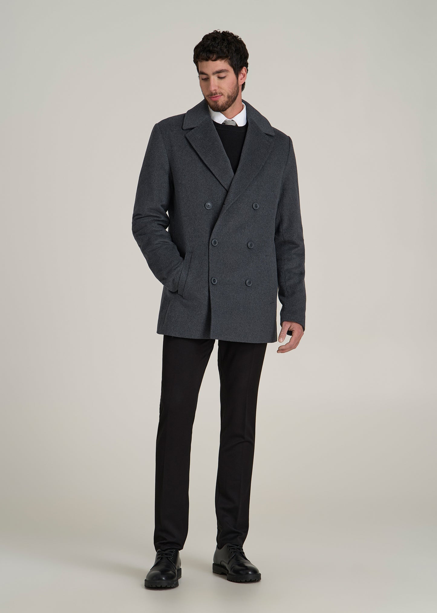 Double-Breasted Wool Peacoat for Tall Men in Dark Grey Mix