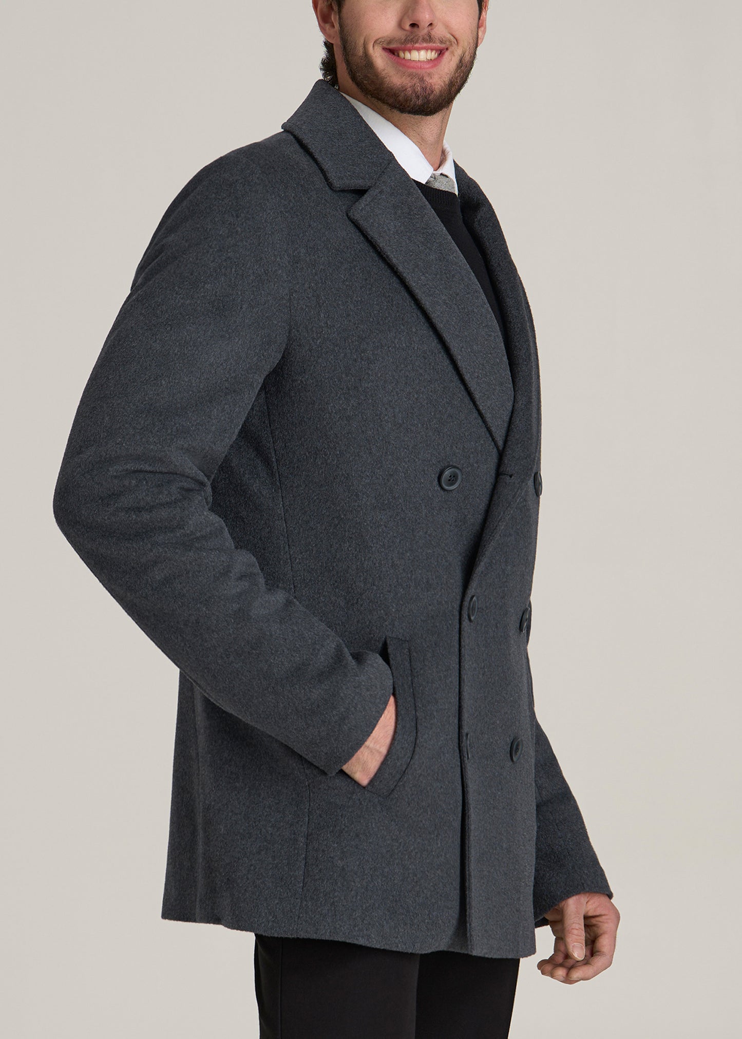 Double-Breasted Wool Peacoat for Tall Men in Dark Grey Mix