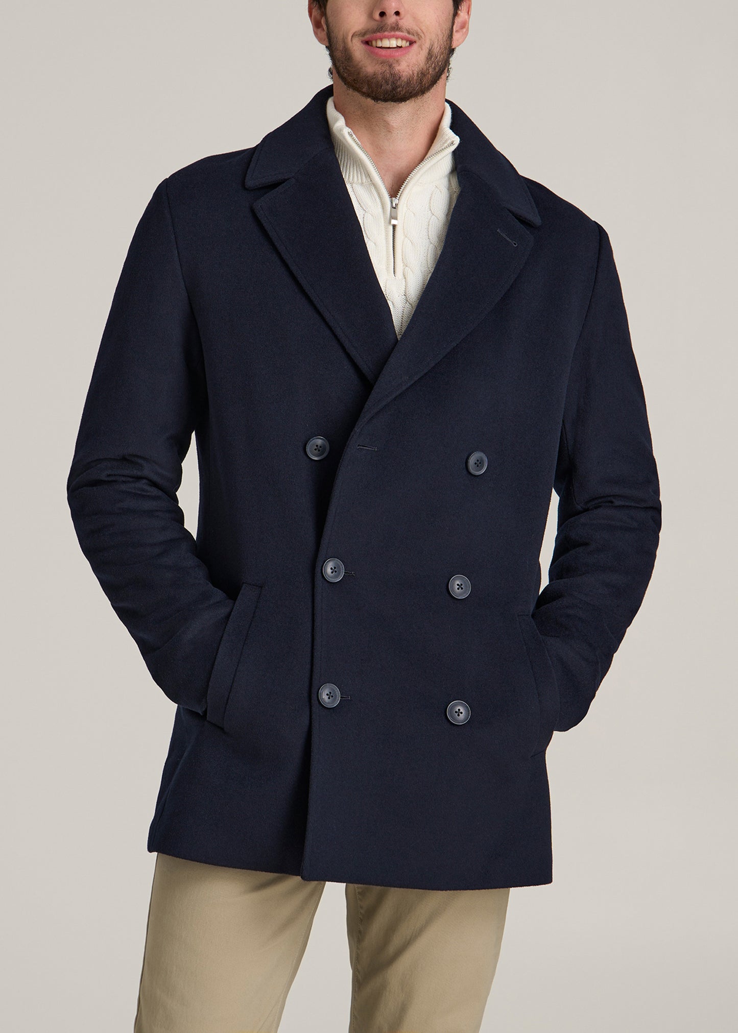 Double-Breasted Wool Peacoat for Tall Men in Deep Navy