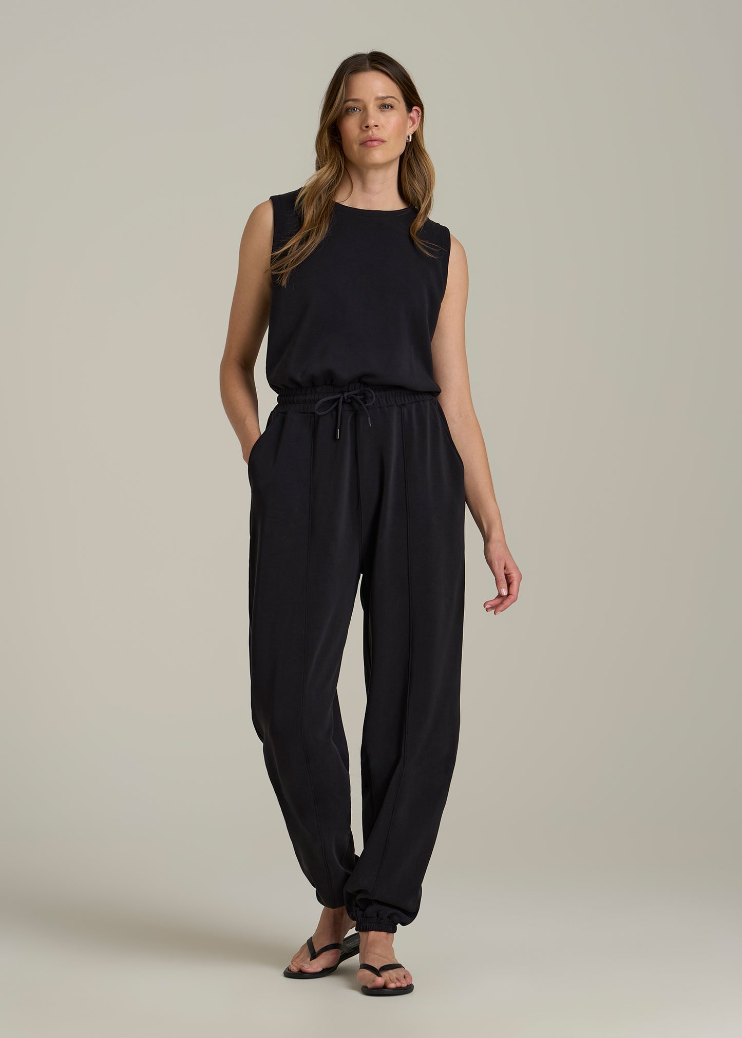 Soft Motion Sleeveless Sweatpant Jumpsuit for Tall Women in Black