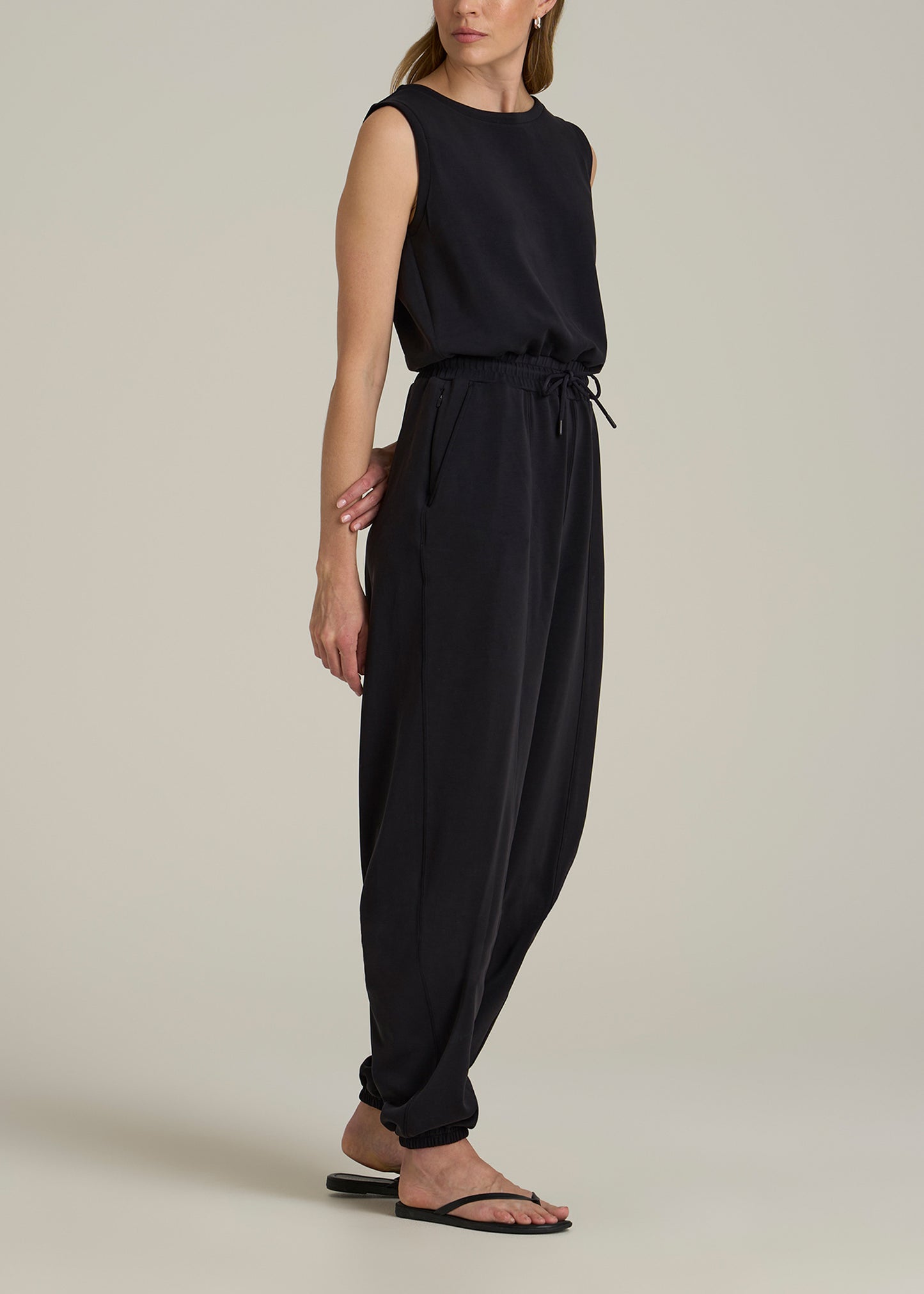 Soft Motion Sleeveless Sweatpant Jumpsuit for Tall Women in Black