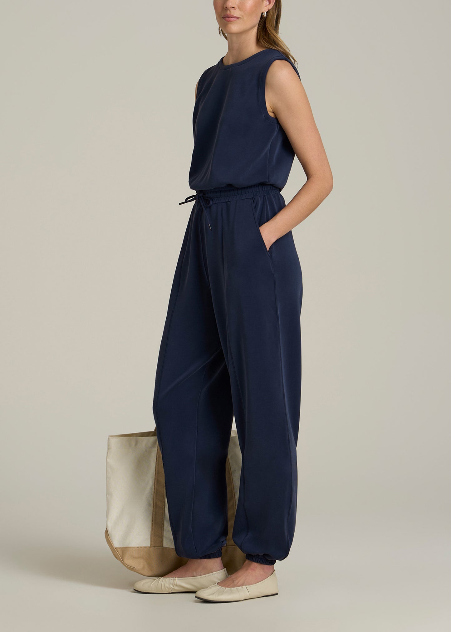 Soft Motion Sleeveless Sweatpant Jumpsuit for Tall Women in Navy