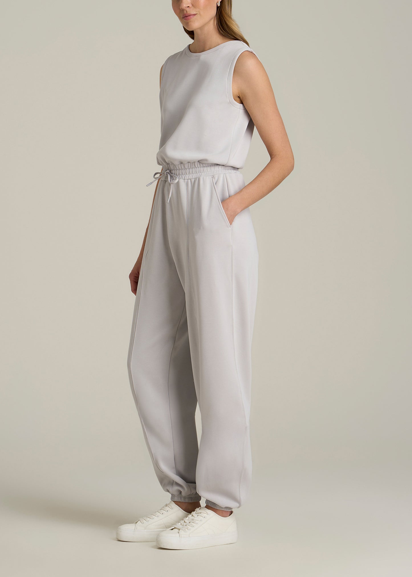 Soft Motion Sleeveless Sweatpant Jumpsuit for Tall Women in Vapor Grey